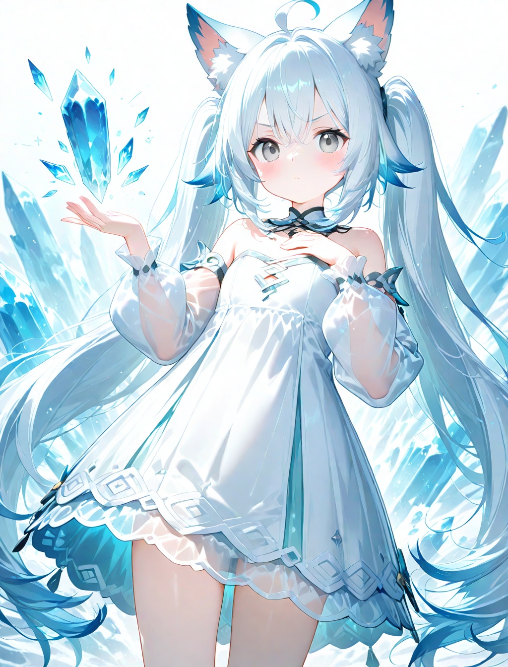 1girl, solo, long hair, looking at viewer, blush, bangs, long sleeves, dress, animal ears, hair between eyes, bare shoulders, twintails, very long hair, closed mouth, blue hair, standing, ahoge, white hair, cowboy shot, detached sleeves, puffy sleeves, hand up, white dress, flat chest, v-shaped eyebrows, animal ear fluff, see-through, grey eyes, fox ears, strapless, short dress, hand on own chest, strapless dress, puffy long sleeves, ice, crystal, see-through sleeves