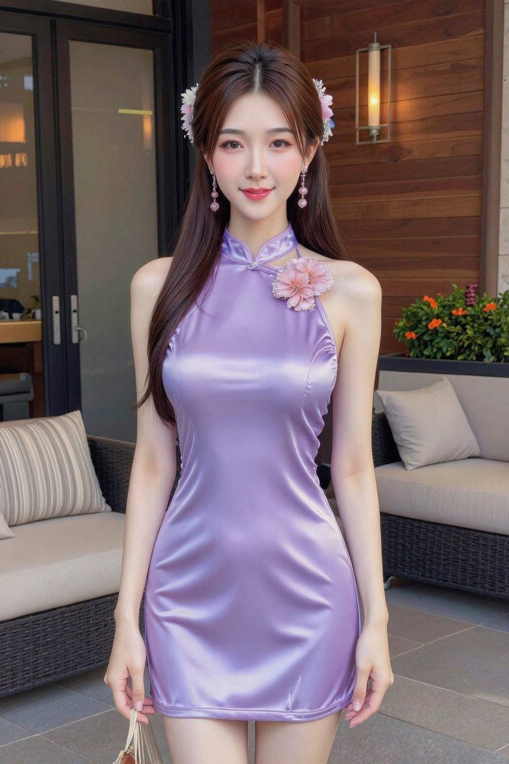 This photograph features a young Asian woman with fair skin and long, straight brown hair adorned with pink and white floral hairpins. She is wearing a shiny, lavender satin halter dress that accentuates her slim figure and small breasts. A pink and white flower brooch is pinned to the dress's left side. She has pink earrings and is smiling softly. The background includes a wooden-paneled wall, a black-framed glass door, a beige outdoor sofa with a striped pillow, and a potted plant with orange flowers. Warm, modern wall sconces are mounted on the wall. The overall setting suggests a stylish, contemporary outdoor space., cheongsam, sleeveless cheongsam, sleeveless cheongsam dress, high collar cheongsam, qipao, halter-neck cheongsam dress, <lora:20251228_TinZ-ImageCheongsamLora10:1>