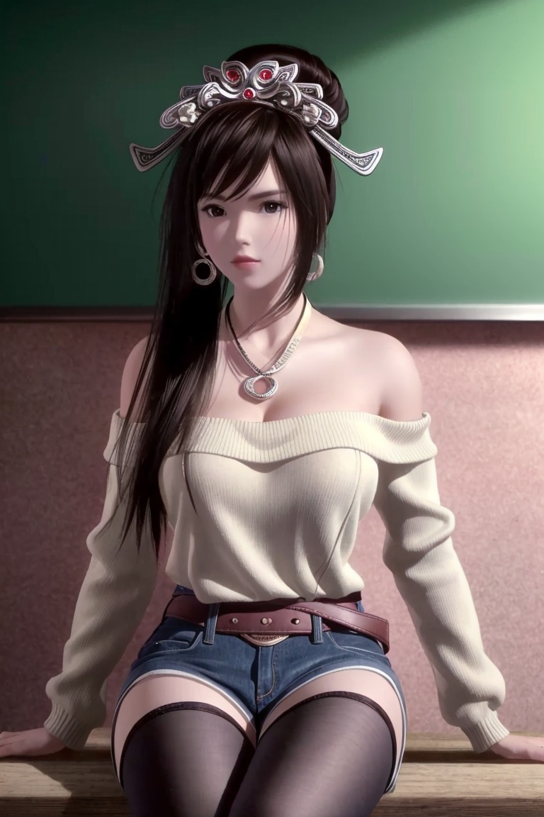 ((HRD, HUD, 8K)),((masterpiece, best quality)), highly detailed, soft light,1girl, solo, black hair, long hair, ponytail, hair ornament, tiara, black eyes, brown eyes, lips,jewelry, earrings, (off-shoulder sweater:1.2), denim shorts, black pantyhose, blurry background, classroom, chalkboard, sitting, cowboy shot, looking at viewer, <lora:20240430-1714439888539:0.7>