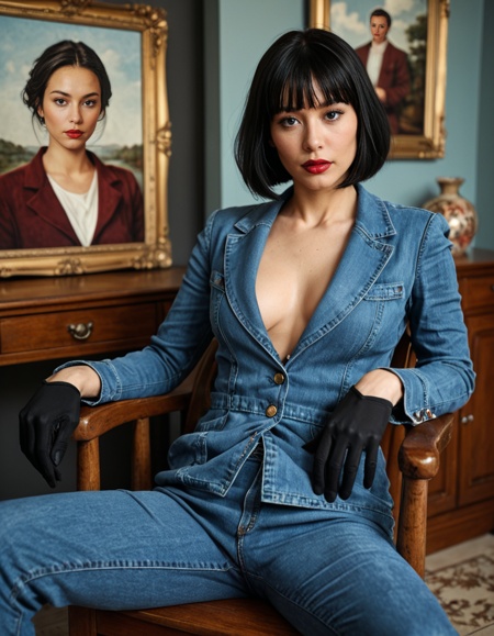 Stable_Yogis_Illustrious_Positives 1girl, solo, looking at viewer, short hair, shirt, black hair, long sleeves, gloves, closed mouth, sitting, jacket, collarbone, parted lips, black gloves, pants, indoors, blunt bangs, blurry, black eyes, lips, head tilt, buttons, blurry background, makeup, depth of field, chair, bob cut, blue jacket, denim, lipstick, blue pants, realistic, red lips, on chair, jumpsuit, painting (object), asian, blue suit
