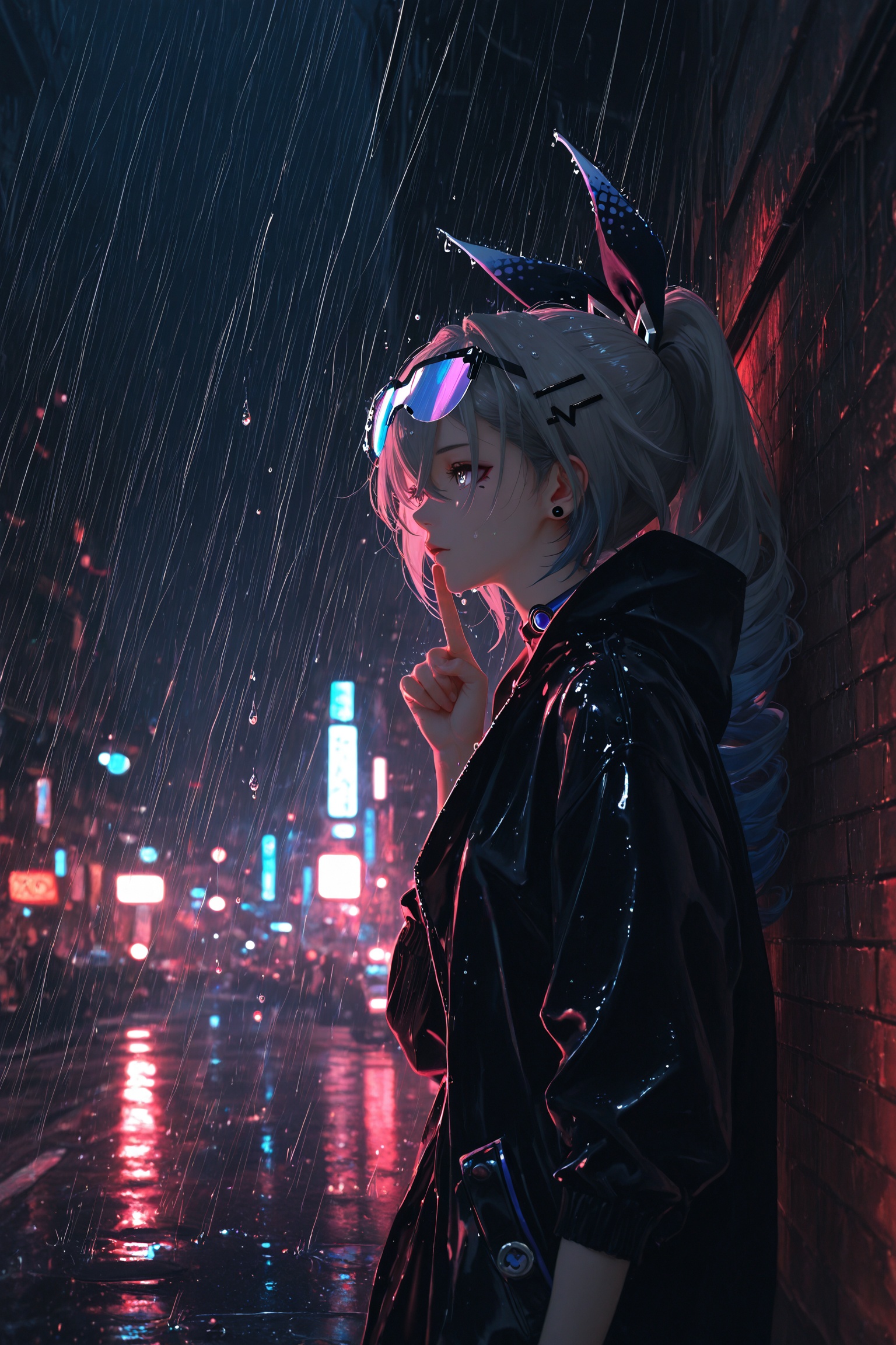 masterpiece,best quality,amazing quality,very aesthetic,absurdres,newest,highres,nixeu:0.5,yoneyama mai:0.5,1girl,solo,silver wolf \(honkai: star rail\),honkai \(series\),cyberpunk,street,night,darkness,metallic texture,from side,ray tracing,pointing to you,rain drops on the girl,strong color performance,oil painting style,