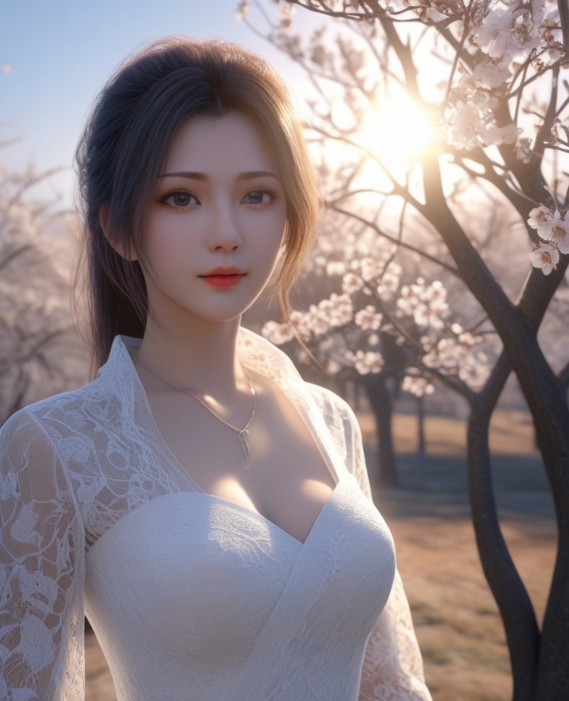 <lora:577-DA-XL-斗破苍穹-云韵-黑服:0.8>(,1girl, ,best quality, ),looking at viewer,  ,, ultra detailed background,ultra detailed background,ultra realistic 8k cg,,masterpiece, (( , )), fiction,mole,  ,     ,see-through, lace, (cleavage),(((, solo, sun, , bare_tree, )))