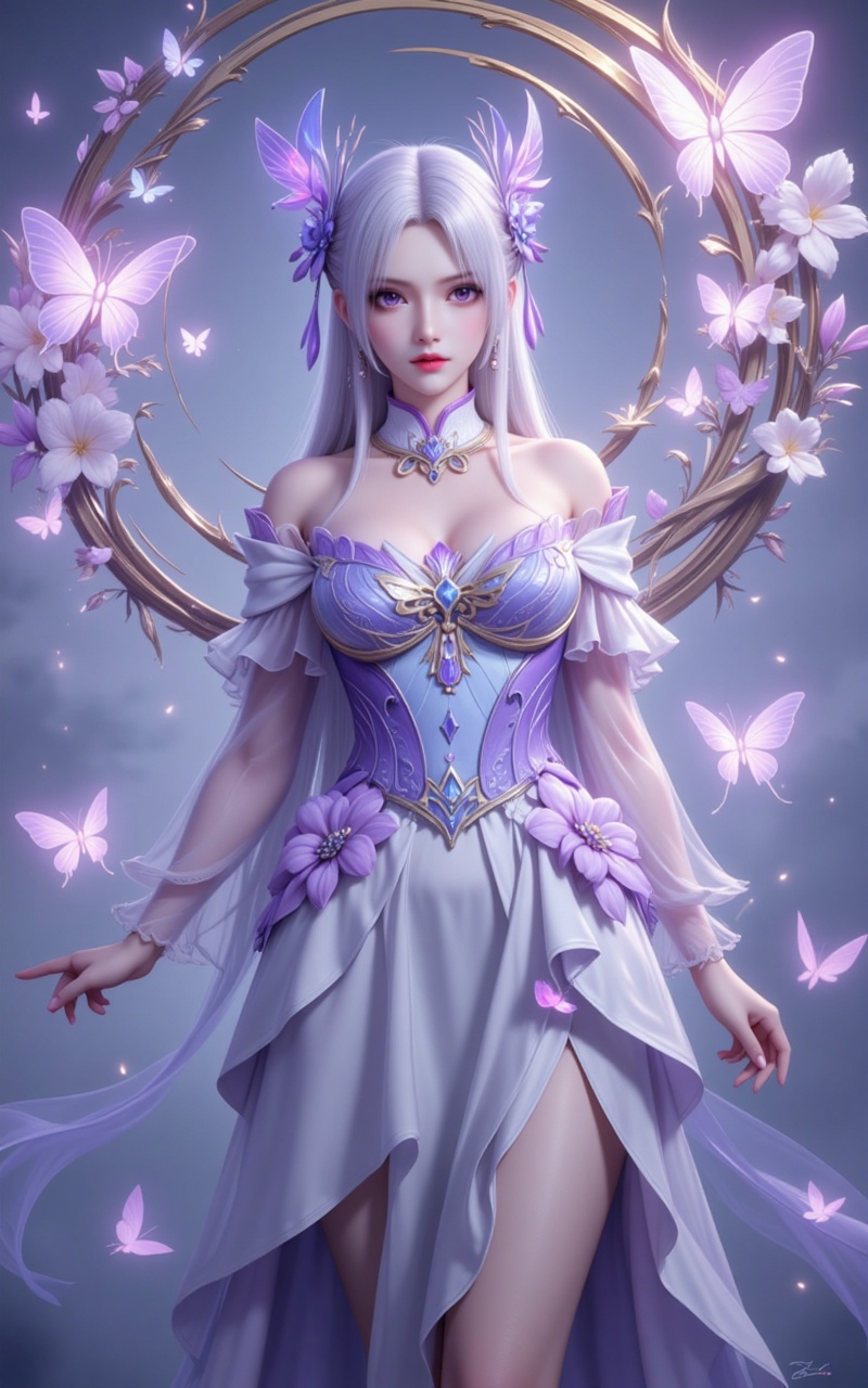 xiaoyixian,lvjing,white hair,long hair,purple eyes,jewelry,hair_ornament,1girl,***,butterfly,solo,long hair,dress,hair ornament,white hair,full body,flower,bare shoulders,white dress,standing,breasts,jewelry,butterfly hair ornament,bare legs,detached collar,11,cover,simple background,gradient_background,Close-up details,outstanding style,adding a touch of dimension to your images without compromising details,close-up,