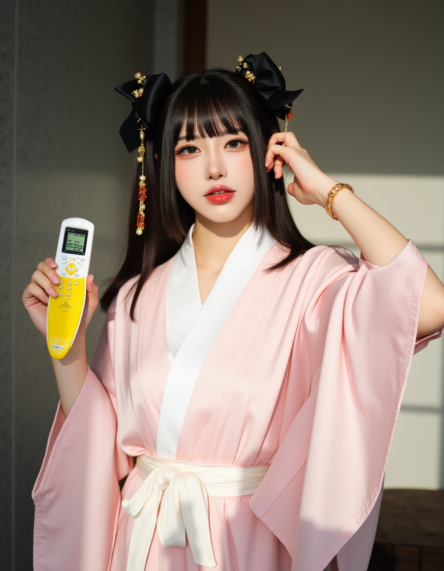 a medium-sized Asian woman,dressed in a kimono-style dress,is adorned with a white belt tied around her waist. Her hair is pulled back in a ponytail,adorned with two black bows,adding a pop of color to her outfit. She is holding a yellow and white remote control in her left hand,while her right hand rests on her right arm. The backdrop,a shadow of a person's shadow can be seen on the right side of the image.,