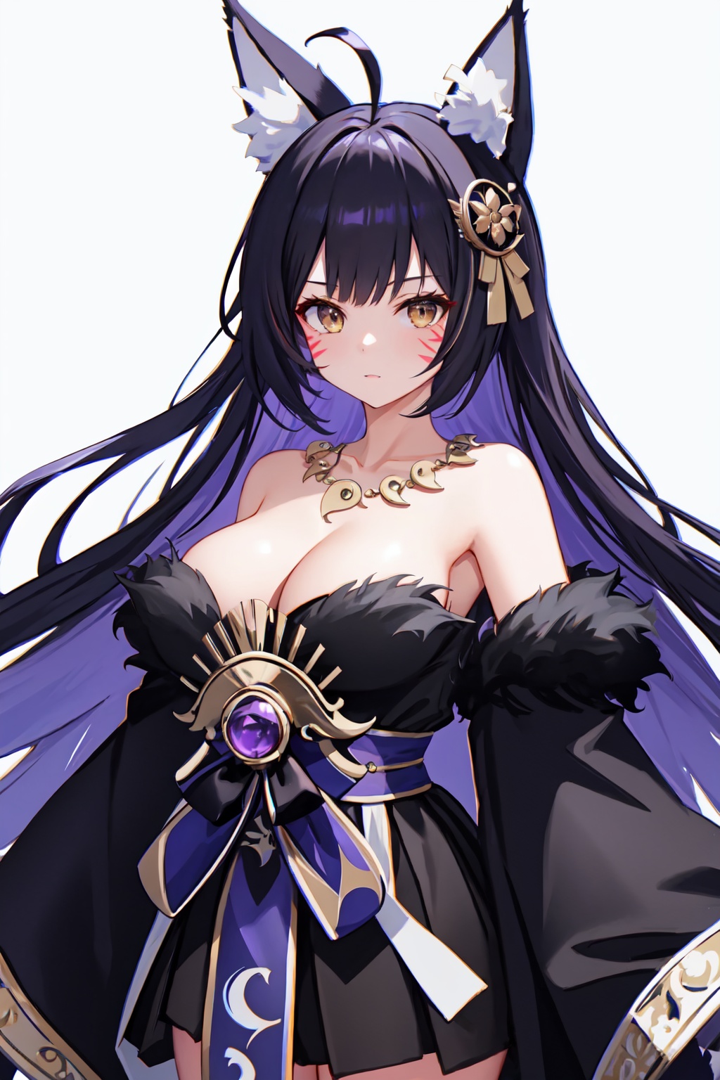 musashi_(azur_lane),1girl,animal_ear_fluff,solo,looking_at_viewer,cleavage,large_breasts,magatama_necklace,hair_ornament,facial_mark,fox_girl,bare_shoulders,ahoge<lora:musashi_(azur_lane):1>,simple background,white backgroundmasterpiece,best quality, highly detailed, 