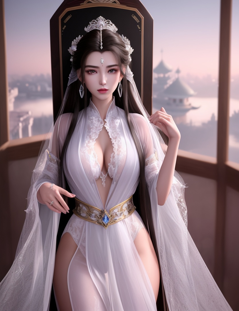ultra realistic 8k cg, picture-perfect face, flawless, clean, masterpiece, professional artwork, famous artwork, cinematic lighting, cinematic bloom, perfect face, beautiful face, beautiful eyes, ((perfect female body, narrow waist)),gorgeous queen, royal, divine, goddess, godlike, (royal palace), fantasy, dreamlike, unreal, science fiction, huge breasts, beautiful clothes, lace, lace trim, lace-trimmed legwear, absurdly long hair, very long hair, (rich:1.4), prestige, luxury, jewelry, diamond, gold, pearl, gem, sapphire, ruby, emerald, intricate detail, delicate pattern, charming, alluring, seductive, erotic, enchanting, hair ornament, necklace, earrings, bracelet, armlet,(((((1girl, pov, absurdres, highres, harem outfit, throne room, ))))) , (1girl, fur trim, solo, fur collar, earrings, see-through sleeves, looking_at_viewer, hanfu)<lora:DA_YueYao:0.6>