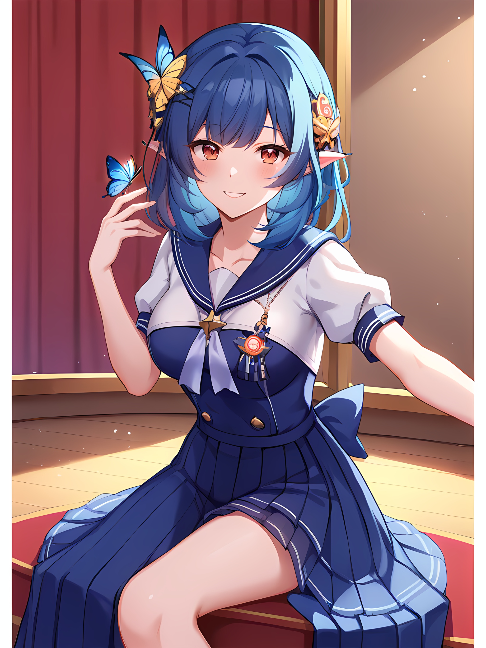 score_9,score_8_up,score_7_up,source_anime,BHqinshi,idol,<lora:BHqinshi-Vidol-000006:0.8>,1girl,hair ornament,red eyes,pointy ears,blue hair,medium breasts,bangs,butterfly_sitting,sailor_dress,seductive_smile,indoor,stage,front view,<lora:Pony_DetailV2.0:1>,<lora:Fixhands_anime_bdsqlsz_V1:1>,