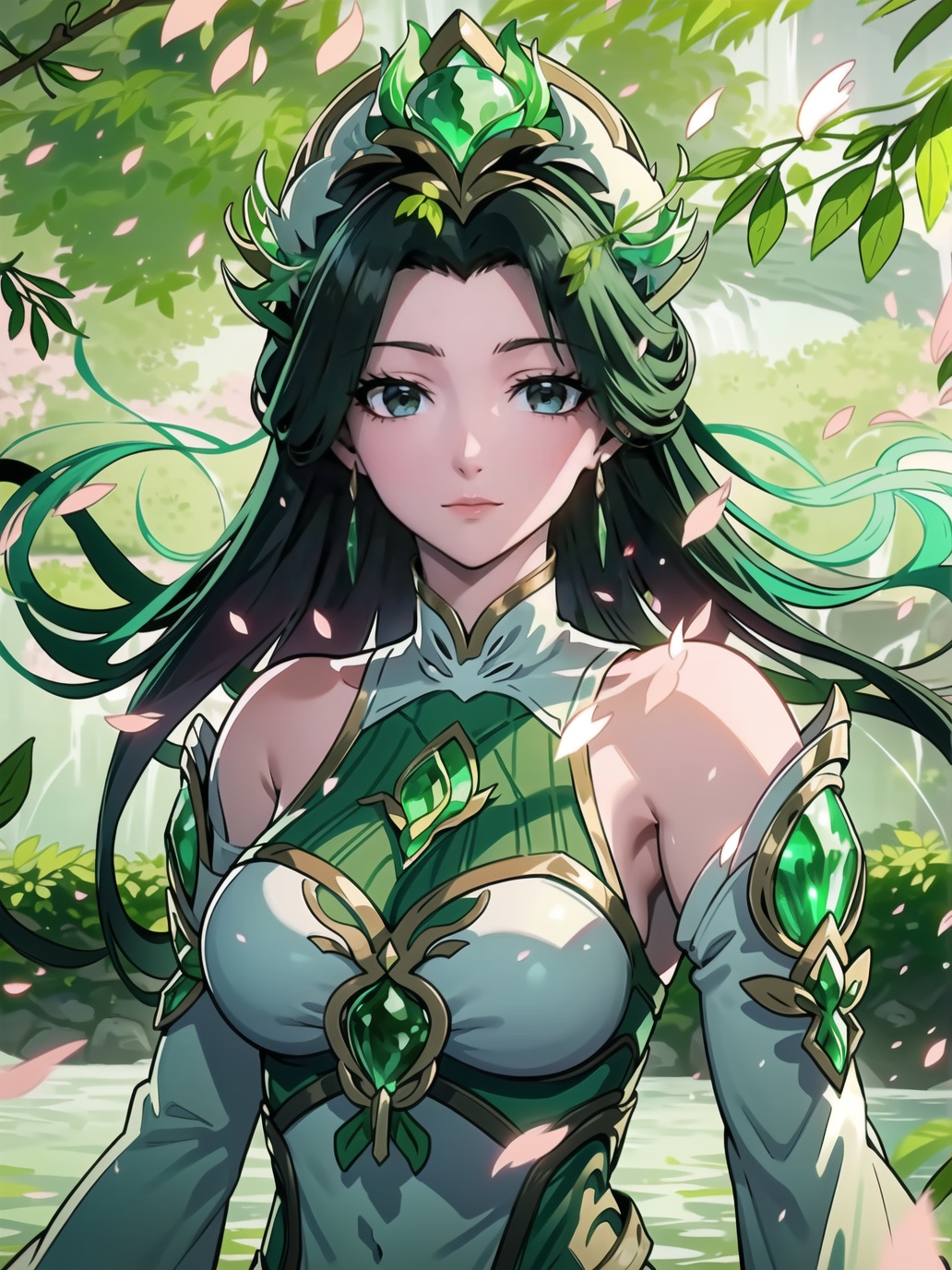 <lora:liushen-000010:0.9>,(liushen invincible),(upper body),looking at viewer,1girl,solo,jewelry,hair ornament,earrings,bare shoulders,clothing cutout,detached sleeves,wide sleeves,ribbon,invincible high collar dress,(water,waterfall,lake),(fantasy),((falling petals:1.3,vibrant glowing green leaves:1.3)),(light particles),((pink flower falling,cherry blossoms)),