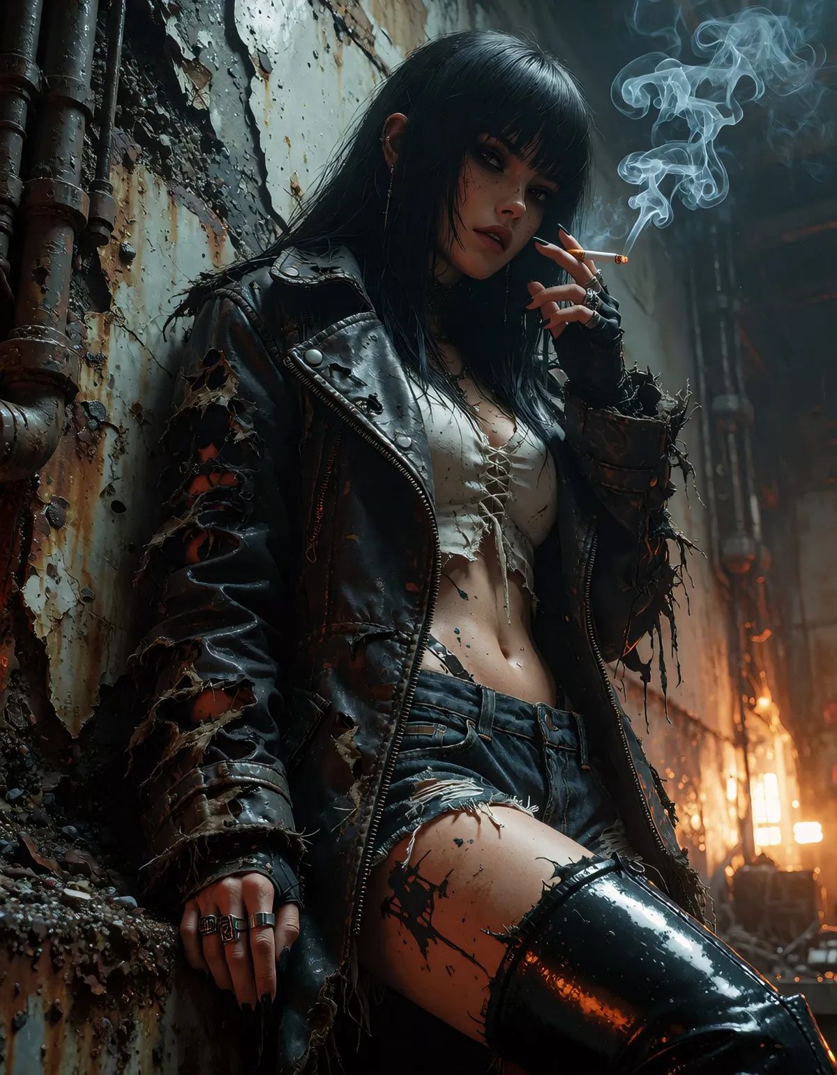 A A dark grimy post-apocalyptic industrial scene,  heavily textured grunge aesthetic. A young woman with long straight bla...