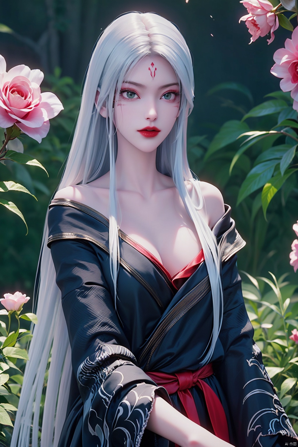 xiaobai, 1girl, solo, long hair, breasts,closed mouth, green eyes, collarbone, upper body, white hair, makeup, facial mark, lipstick, robe, forehead mark, red lips,serafuku,dress,tattoo,long sleeves,aqua eyes,bare shoulders,breasts,collarbone,green eyes,red lips,wide sleeves,silver hair,facial tattoo,eyeshadow,off shoulder,Huge flowers, roses, grass,Park<lora:EMS-430738-EMS:0.800000>