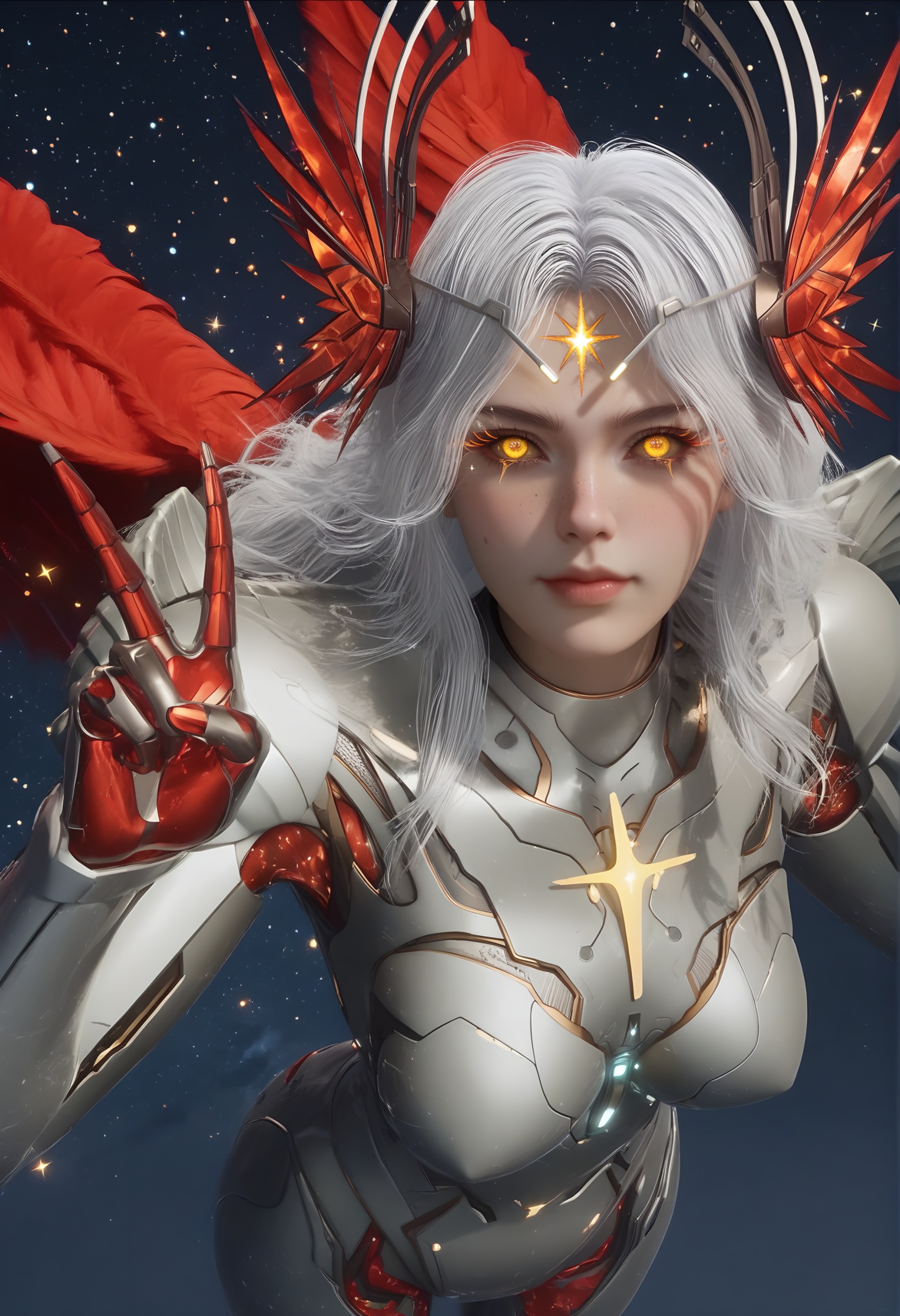 (score_9),standing,<lora:星幻王-apony-000009:0.83>,mechanical angel,xinghuanwang,1girl,solo,joints,ringed eyes,long eyelashes,freckles,hair ornament,long hair,white hair,glowing markings,glowing eyes,yellow eyes,Metallic horn-like ornament,blending feathers and mechanical parts,power armor,shoulder armor,wings,feathered wings,red wings,large_wings,legs,cybernetic legs,calf,glowing veins on calf,lower leg,cybernetic calf,bare legs,mature_female,BREAK<lora:Expressive_H-000001:0.78>,light blush,Expressiveh,ringed eyes,looking at viewer,front view,dutch angle,dynamic_angle,from above,selfie,v sign,closed mouth,fair_skin,(pale skin),(sweaty_skin),BREAKsimple background,<lora:e色温:0.25>,sparkle,blurry background,star \(symbol\),starry sky,star \(sky\),universe,hyper_galaxy,4K ultra HD,sharp focus,high detail,high contrast,