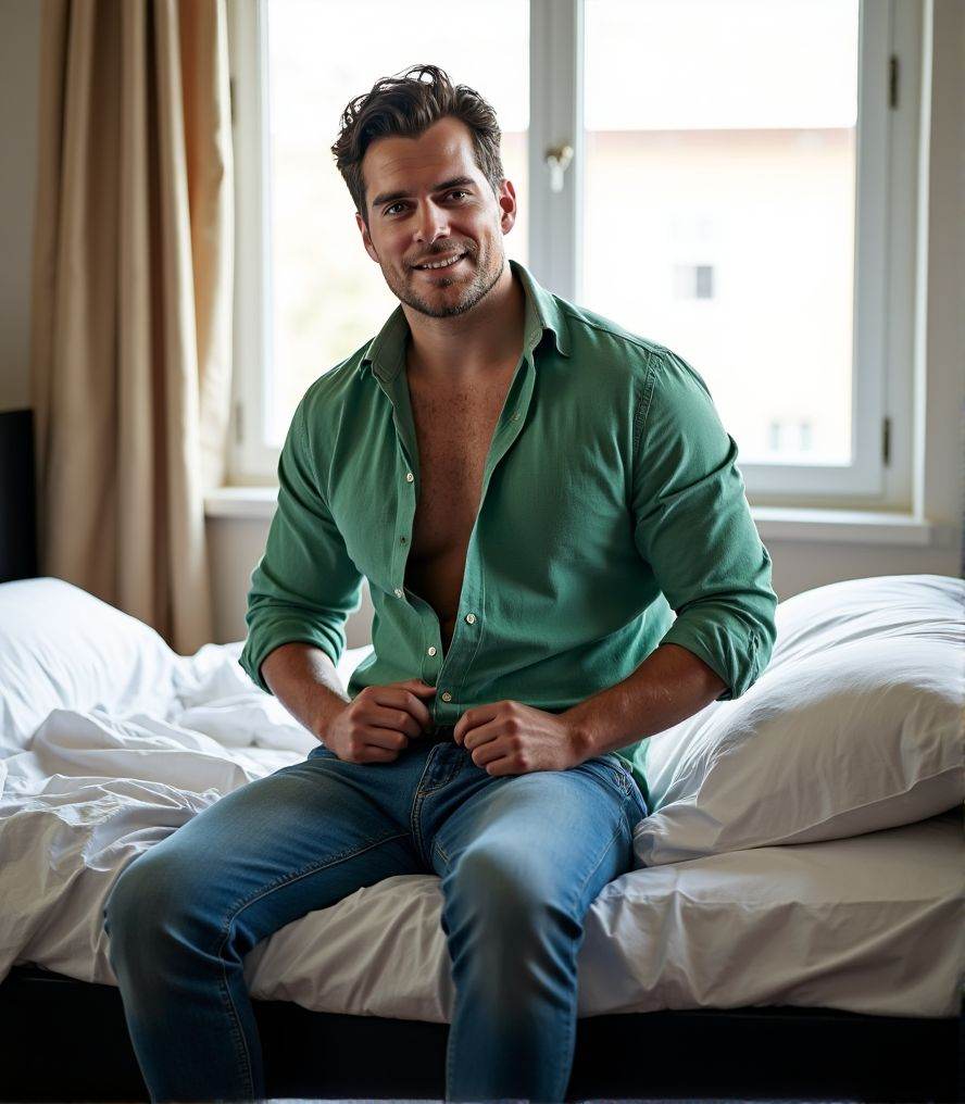 sks man ,  He is unbuttoning his green shirt,  sitting on the edge of a black Ikea bed with white sheets on Tensor.Art