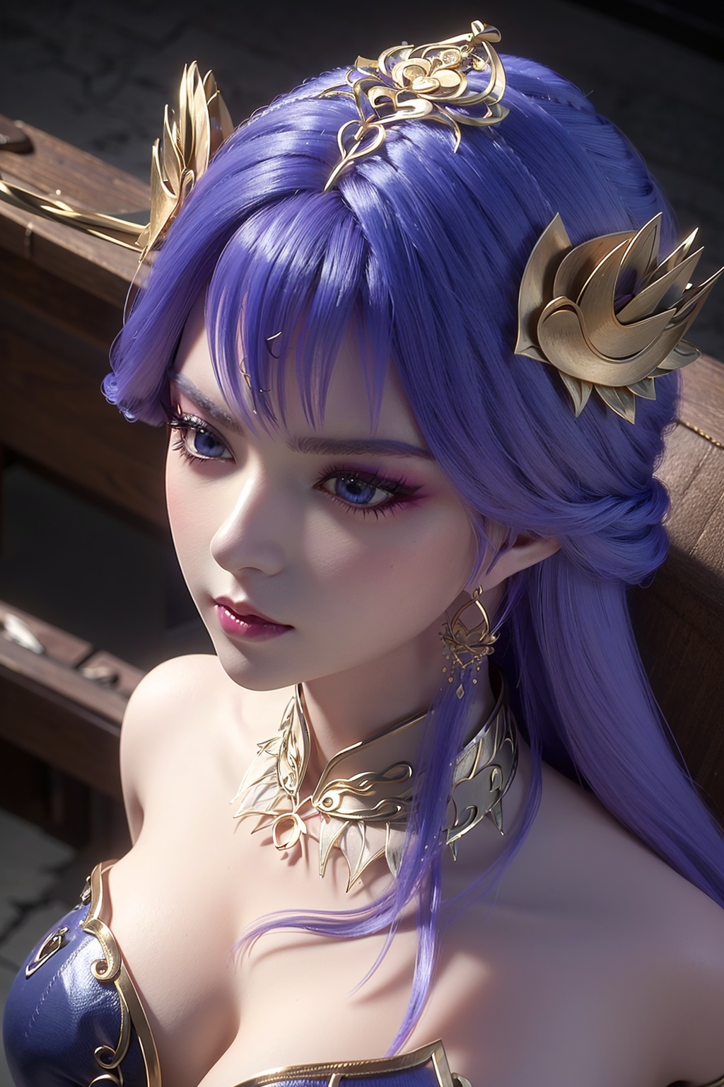 tianqiong,1girl,solo,from_above,upper body,<lora:tianqiong:0.7>,jewelry,hair ornament,solo,earrings,long hair,blue eyes,blue hair,necklace,purple hair,masterpiece,HDR,UHD,8K,best quality,Photographic,