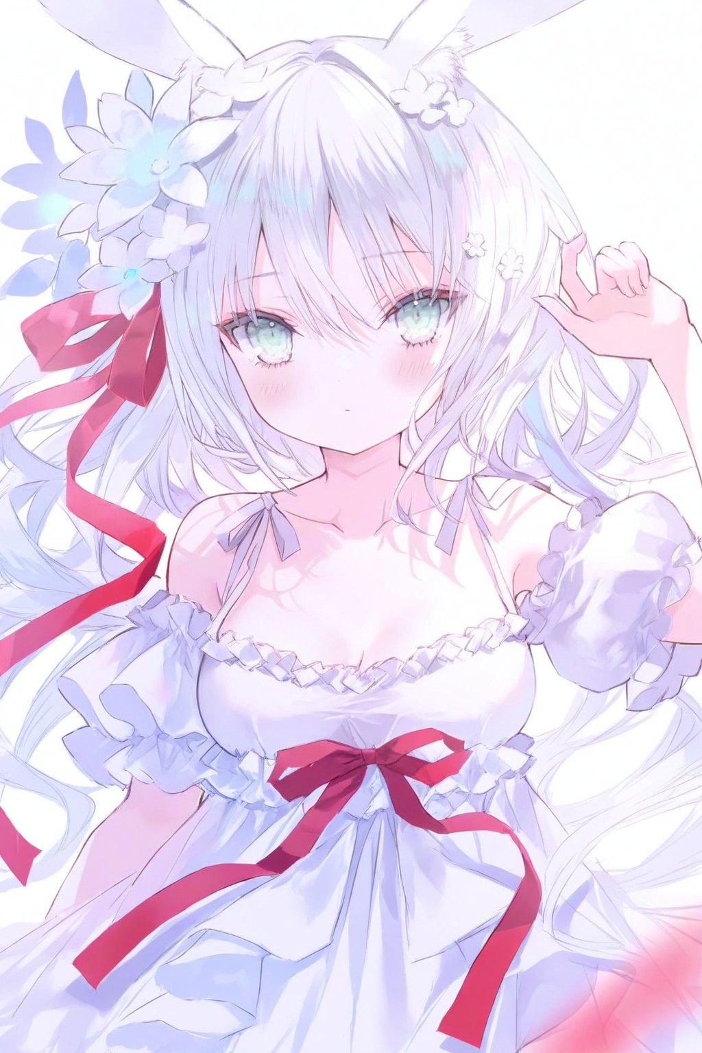 1girl, absurdres, animal_ears, arms_up, blush, bow, breasts, collarbone, commentary_request, dress, flower, grey_eyes, hair_flower, hair_ornament, highres, long_hair, medium_breasts, original, partial_commentary, rabbit_ears, red_ribbon, ribbon, simple_background, solo, white_background, white_hair <lora:on-000064:1>