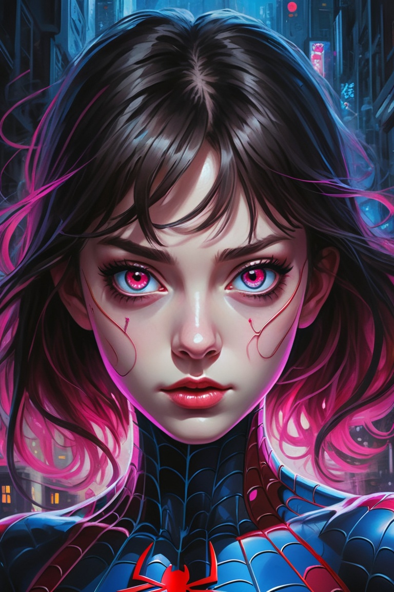 spider man and anime girl,  one face with red eyes,  the other face with blue eyes on Tensor.Art