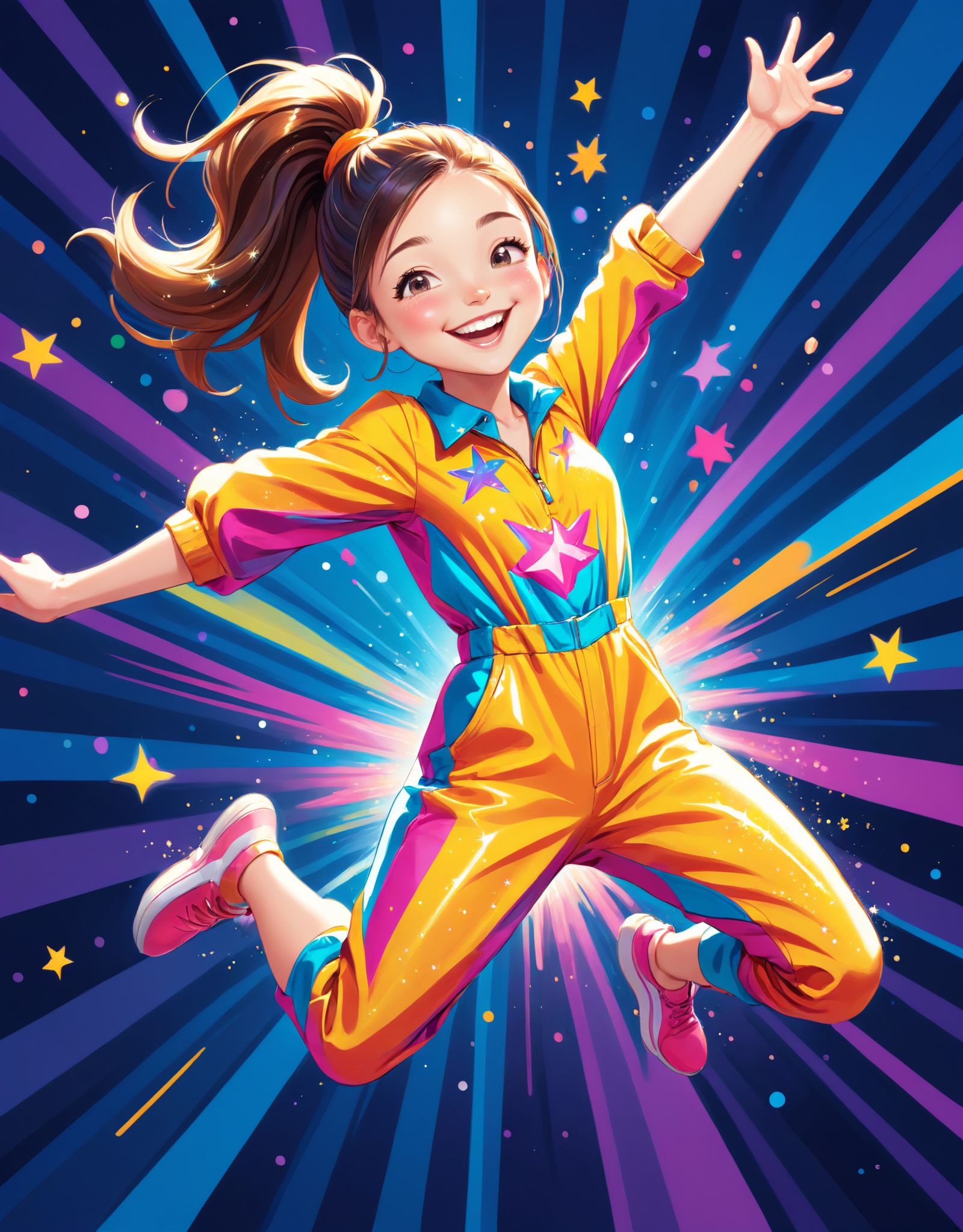 Illustration of a cheerful,  energetic girl in a stylish jumpsuit,  jumping mid-air with a beaming smile and arms stretche...