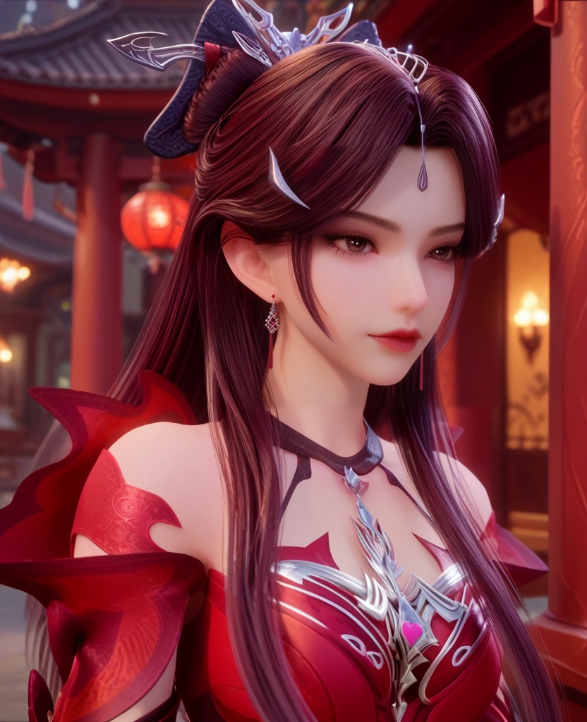 (oriental architecture, elegant decor, sophisticated style:1.1),(slouching:1.1),(breasts:1.2),<lora:XL宗门卧底萧媚:0.95>,miss xiaomei,red dress,choker,detached sleeves,brown eyes,brown hair,forehead pendan,long hair,hair ornament,black pantyhose,earrings,jewelry,hanging hair,, score_9,score_8_up,score_7_up,score_6_up,score_5_up,score_4_up,3d rendering,tag1,tag2, Cinematic Lighting,backlighting,