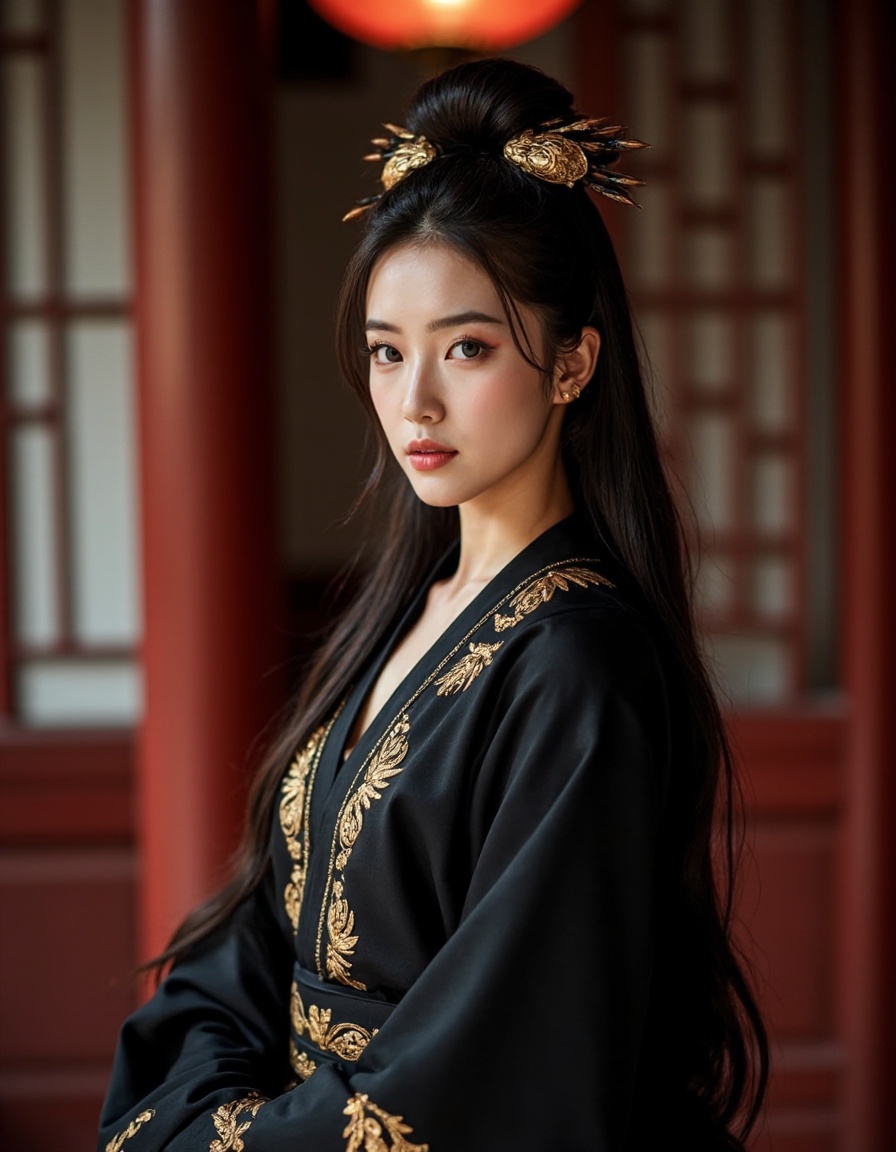 Portrait realistic photography under the sense of atmosphere,in the gorgeous palace,martial arts style,cool Chinese beauty,long hair,gorgeous hair accessories,black gorgeous robes,golden patterns on clothes,whole body,