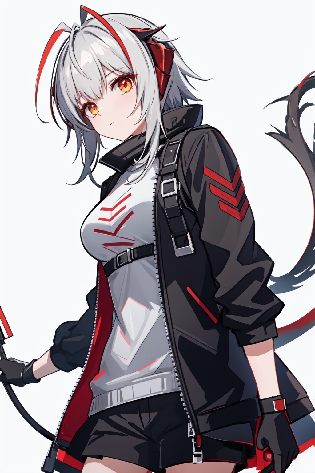 w_(arknights),1girl,solo,demon_tail,large_breasts,simple_background,black_gloves,demon_horns,looking_at_viewer,black_jacket<lora:w_(arknights):1>,simple background,white backgroundmasterpiece,best quality, highly detailed, 