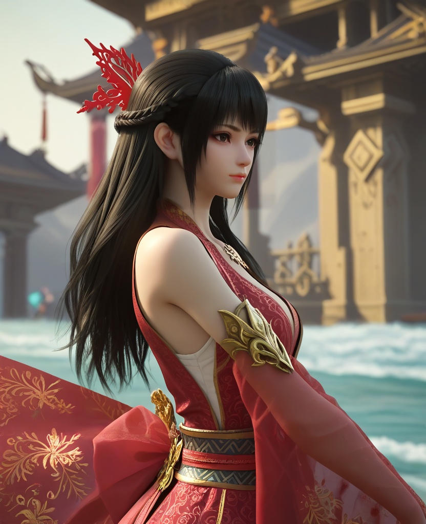 (oriental architecture, elegant decor, sophisticated style:1.1),surfing on surfboard,waves,(breasts:1.2),<lora:XL16大主宰红绫:0.95>,1girl,red dress,mole under eye,black eyes,black hair,long hair,hair ornament,bare shoulders,, zPDXL2, score_9, score_8_up, score_7_up BREAK realistic, masterpiece,best quality, highly detailed,, zPDXL3, zPDXL2,zPDXL, zPDXLxxx, zPDXLrl,