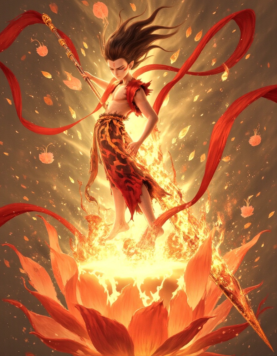 danezha,1boy,Serene meditation moment,Nezha floating atop lotus flame,(translucent energy body:1.5),glowing meridians visible through skin,ceremonial blazing spear floating in meditation mudra,(celestial aura:1.6),ink wash painting background with phoenix motifs,falling cherry blossoms interacting with flame particles,traditional religious art aesthetic,<lora:danezhaflux-lora-000009:1>,