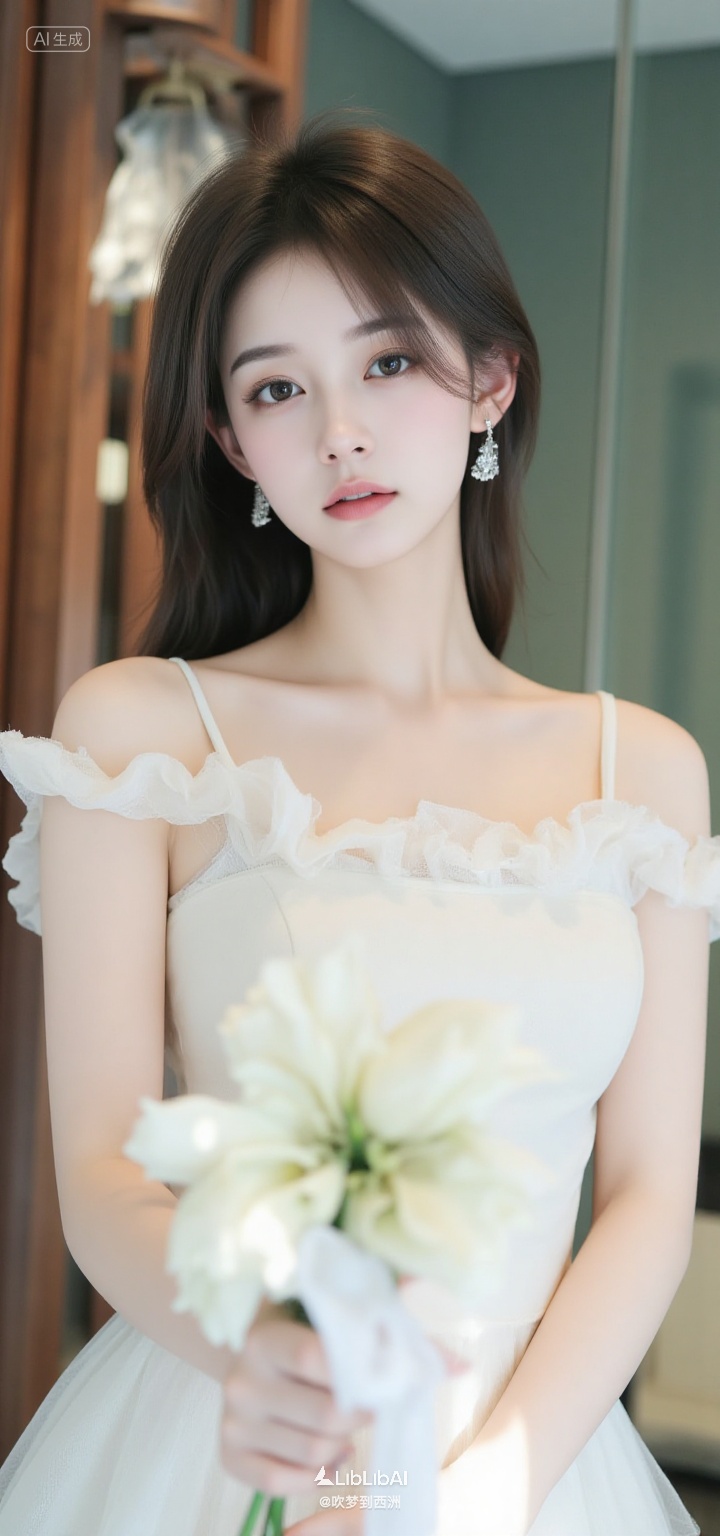 big breasts,sheyin,1girl,solo,brown hair,dress,jewelry,standing,earrings,frills,white dress,white flower,Korean style photography,fresh and natural,girlish,bright colors,exquisite makeup,elegant posture,fashionable elements,light and shadow interweaving,atmosphere creation,detail processing,visual appeal,(front view:1.2),, Negative prompt: ng_deepnegative_v1_75t,(badhandv4:1.2),EasyNegative,(worst quality:2),,nsfw, Steps: 20, Sampler: Euler, CFG scale: 3.5, Seed: 69042120, Size: 720x1536, Model hash: 49fe535dad, Model: 星梦·电影&电视剧_Film_fp8.safetensors, Denoising strength: 0, RNG: CPU, Lora 1: F.1极致摄影-娇韵媚生集-BZY, Lora Hash 1: 9f8f14e6c1, Lora Weight 1: 0.8, vae_name: automatic