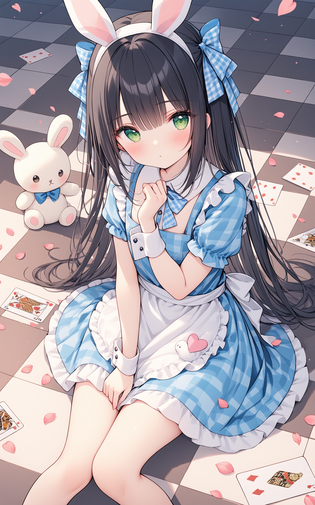 masterpiece, best quality, 1girl, long hair, green eyes, checkered floor, stuffed toy, stuffed animal, solo, dress, black hair, bow, hair bow, playing card, card, stuffed bunny, petals, looking at viewer, blush, wrist cuffs, blue dress, apron, short sleeves, heart, frills, sitting, bangs