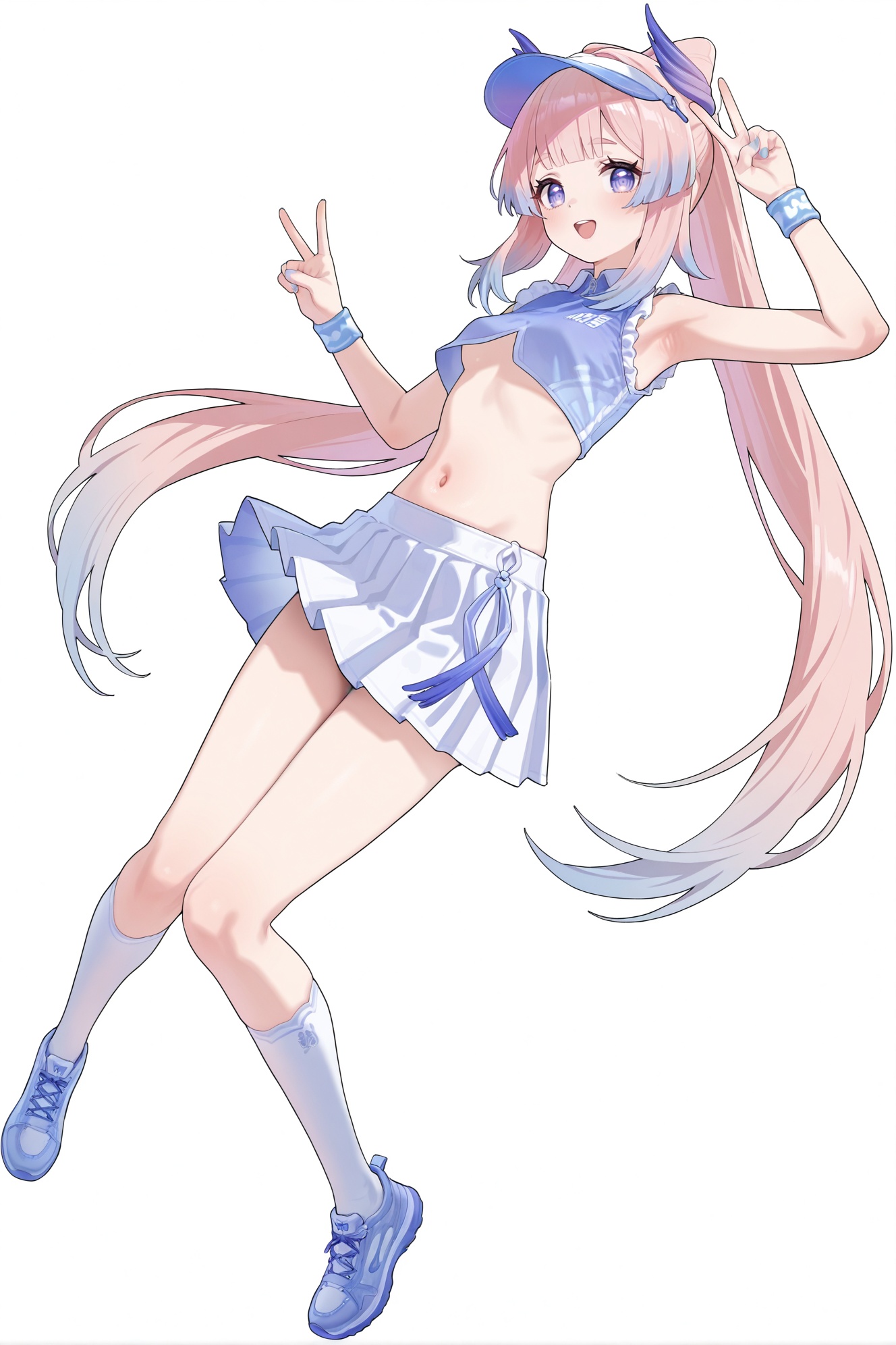 8k,best quality,masterpiece,ultra-detailed,(high detailed skin),(year 2024:0.8),flat color,artist:maidforge,artist:aqua inc.,artist:edoya inuhachi,artist:reoen,artist:fuzichoco,solo,white background,simple background,barefoot,no bra,petite,skinny,toeless_legwear,white thighhighs,looking_at_viewer,panorama,full_shot,dashed_eyes,jumping,double_v,happy,<lora:xinhai_new-noob-Tanger:0.8>,Sangonomiya Kokomi  /\(maidong/\),clothes: maidong sportswear,maidong sun visor,1girl,sangonomiya kokomi,navel,socks,midriff,skirt,sidelocks,pink hair,bangs,kneehighs,alternate costume,pleated skirt,sneakers,