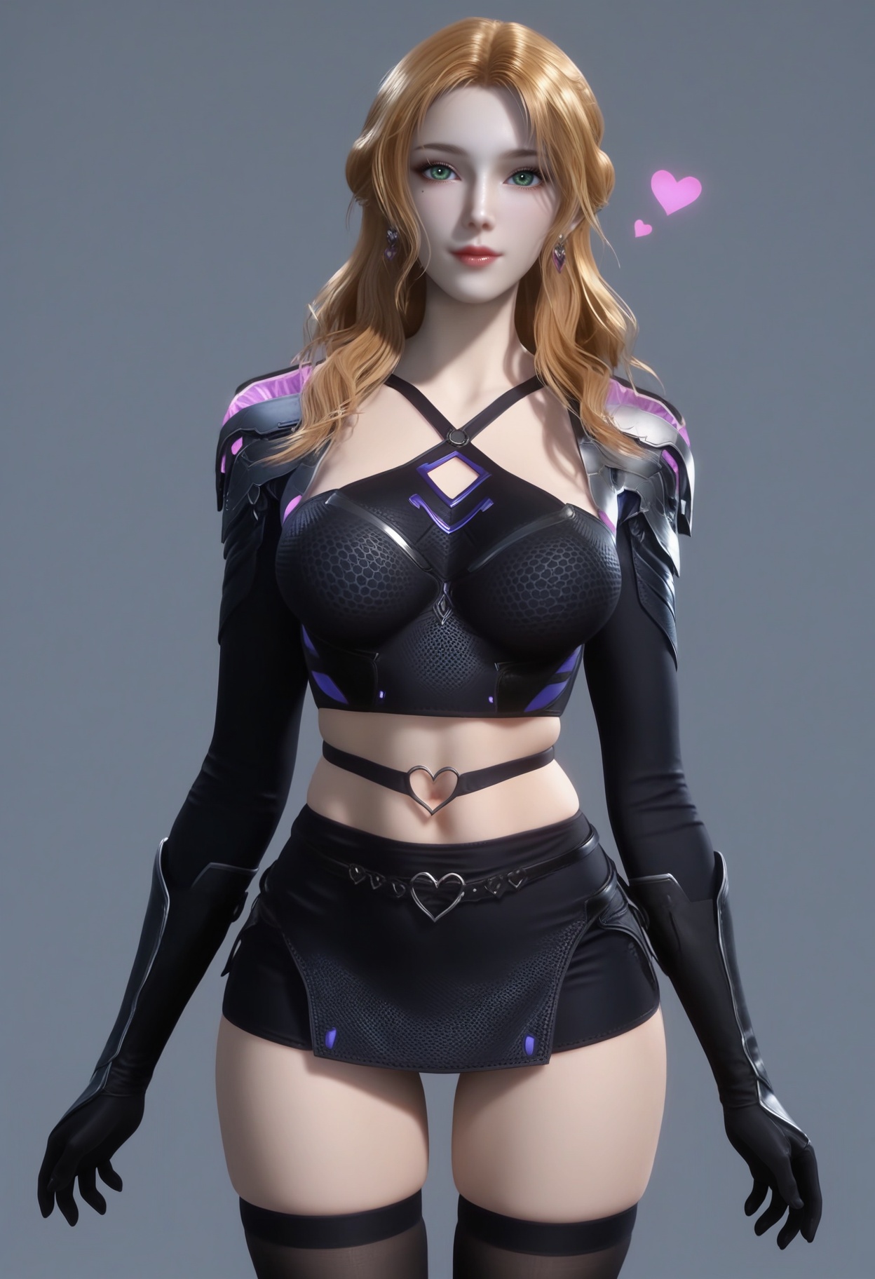 (score_9),<lora:珍妮特-apony-000008:0.83>,znt,1girl,solo,long hair,blonde hair,earrings,green eyes,braid,mole under eye,crop top,belt buckle,shoulder armor,midriff,black skirt,black gloves,navel,thighhighs, black pantyhose, see-through,<lora:perfect eyes_v1:0.8>,light blush,Expressiveh,<lora:Expressive_H-000001:0.8>,collarbone,(glamor:1.2),curvy,BREAKlooking at viewer,front view,<lora:e肤色滑块:0.5>,fair_skin,(pale_skin),((white skin)),light skin,<lora:皮肤凹痕:1.2>,ultra-detailed skin texture,detailed textures,BREAKsimple background,grey background,<lora:e色温:0.35>,4K ultra HD,sharp focus,high detail,natural lighting,high contrast,hearts,Volumetric Lighting,Tyndall effect,