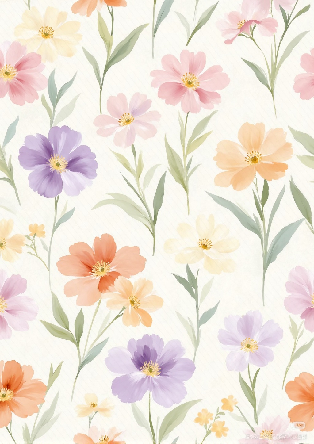 zhiyuxichahua,Create a seamless floral pattern. The pattern should include a variety of flowers in soft pastel colors,such as pink,purple,orange,and light yellow,paired with green leaves. The petals of the flowers should be simple circles,and the color of the flower centers should contrast with that of the petals. Use loose and lively brushstrokes that vary in length and direction. Short brushstrokes convey the softness of the petals,while long brushstrokes depict the leaves stretching. Weaken the outlines and present the forms through color changes. Create a harmonious and cheerful atmosphere on a light - colored background.,