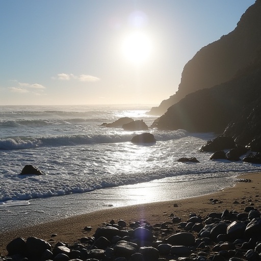 a rocky beach with waves crashing on it and the sun shining down on the water on Tensor.Art