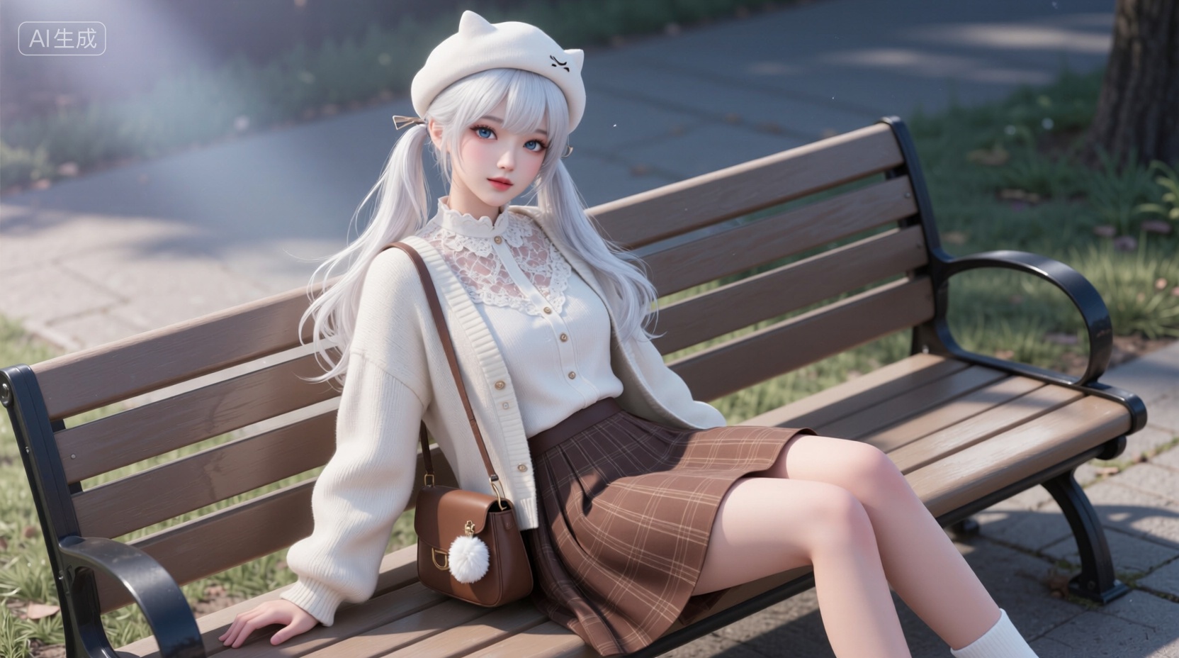 cg厚涂风格,绝美的亚洲女性,非精心构图或打光,略微写实,上半身特写,邻家少女,冷白皮,她冷白的皮肤白皙水润光滑细腻,含情杏眼,营造出朦胧氛围,日系甜美风,冷白皮,鬓角发丝凌乱自然垂落,发丝微光反射,瓜子脸尖下巴,超长发,低双马尾,皮肤白皙,底妆通透,肤色均匀自然,纯欲风完美品质,高质量,专业级打光,大师杰作,专业摄影,极繁主义,构图有层次感,极致细节,明暗对比强烈,阴影过渡自然,板绘,氛围感,高级感,意境,背景随意发挥,色彩渐变融合,意识流,梦幻唯美,光影折射俯视角度,公园长椅,坐姿,身体倾斜,手支撑身体,双腿并拢向一侧倾斜,发卡上身:宽松蕾丝小衬衫,米白色针织外套(排扣,纯色,无花纹),斜挎着棕色小包,上面有白色毛绒挂饰头部:白色贝雷帽,帽子有小小的猫耳装饰下身:低饱和棕色格子百褶裙, Negative prompt: ng_deepnegative_v1_75t,(badhandv4:1.2),EasyNegative,(worst quality:2),,nsfw, Steps: 40, Sampler: Euler, CFG scale: 1.0, Seed: 3651094306, Size: 1664x928, Model hash: 98763a1277, Model: Qwen-Image_1.0.safetensors, Denoising strength: 0, RNG: CPU, Lora 1: 【摸鱼】创意电商场景_电商产品场景, Lora Hash 1: 8df046f041, Lora Weight 1: 0.4, Lora 2: 【摸鱼】3D电商渲染级KV海报_创意视觉表达, Lora Hash 2: ce1227b095, Lora Weight 2: 0.8, Lora 3: Qwen-Image-Lightning-8steps-V1.1-bf16.safetensors, Lora Hash 3: fe04c3ec1d, Lora Weight 3: 0.6, vae_name: automatic