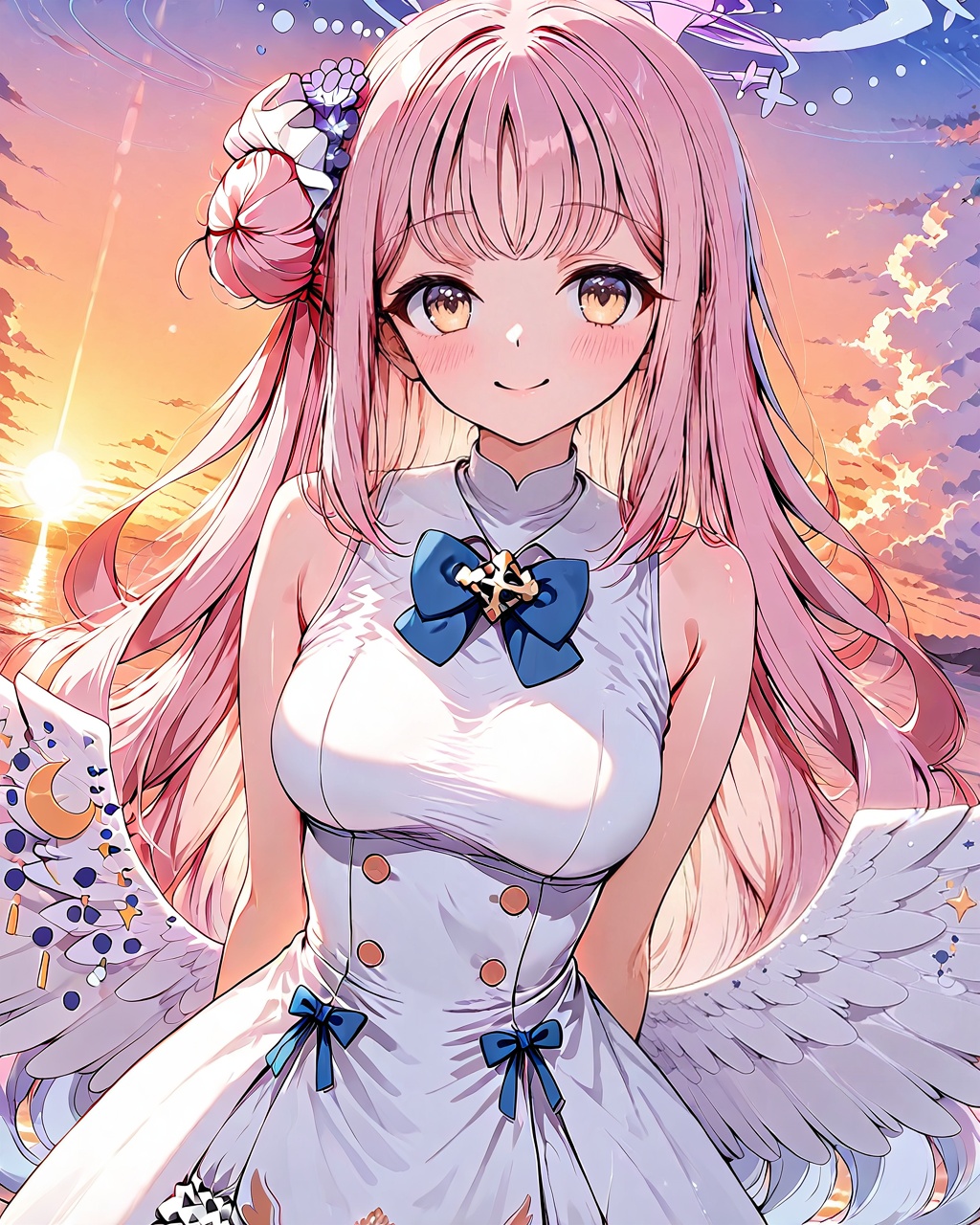 mika (blue archive),O,mika \(blue archive\), 1girl, dress, smile, solo, long hair, breasts, wings, sleeveless, single side bun, looking at viewer, white dress, sleeveless dress, hair bun, hair ornament, bow, flower, hair flower, blue bow, white wings, low wings, blush, bare shoulders, feathered wings, arms behind back, sky, very long hair, cloud, frilled dress, bangs, closed mouth, frills, angel wings, crescent, large breasts, sunset, outdoors, bowtie, medium breasts, bare arms, scrunchie, sun, multicolored hair, cloudy sky, blue bowtie, ribbon, sunlight, lens flare, cowboy shot,(UHD),anatomically correct,accurate,textured skin,super detail,high details,award winning,best quality,high quality,retinal,HD,16k,1080P,