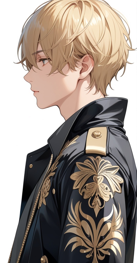 (best quality), ((masterpiece)), (highres), illustration, original, extremely detailed,1boy, solo, male focus, blonde hair, white background, simple background, upper body, short hair, long sleeves, from side, black jacket, closed mouth, bangs