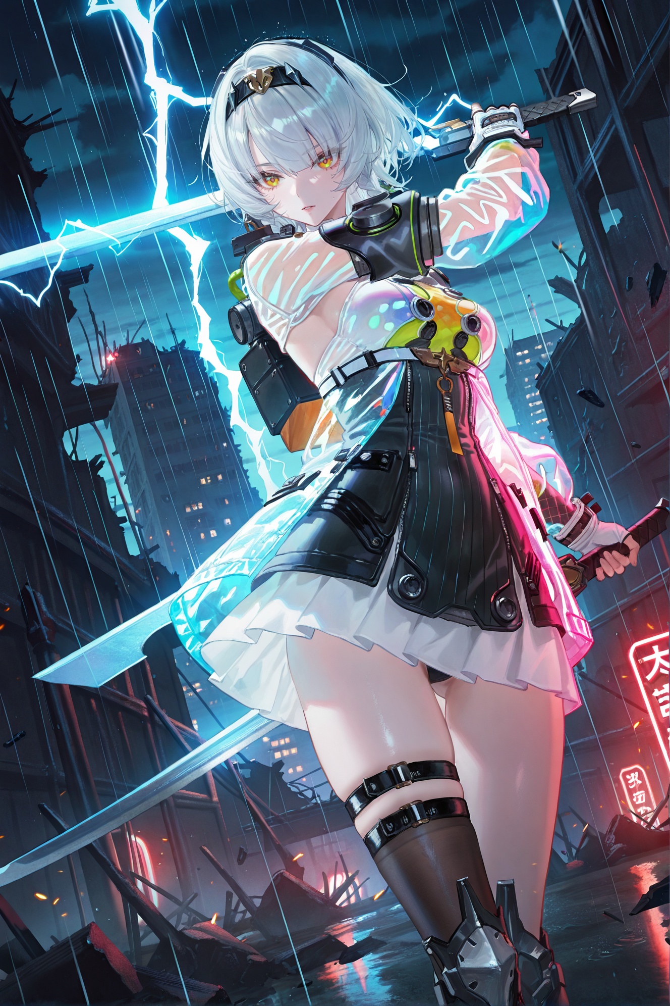 ((artist:betabeet)),artist:john_kafka,artist:nixeu,artist:quasarcake,((artist:reoen),(artist:fuzichoco),(artist:atdan),(artist:torino_aqua),year 2024:0.8),(by xilmo, by modare, by reoen:1.1),(hyperrealistic:1.1),(high_contrast:1.1),(holy_(\theme\):1.2),neon lights,night,battlefield,ruins,cityscape,cowboy shot,mechanical body,dynamic angle,rain,1girl,see-through holographic clothing,see-through raincoat,fighting stance,mecha musume,tsurime,fin funnels,pose,masterpiece,best quality,amazing quality,<lora:748cmSDXL:0.4>,<lora:anbinew-ill-Tanger-000013:0.9>,anby demara \(silver soldier\),clothes: silver soldier black and white short dress,silver soldier clothes,1girl,black knee boots,fingerless gloves,hairband,holding sword,dual wielding,sword with lightning,tantou,