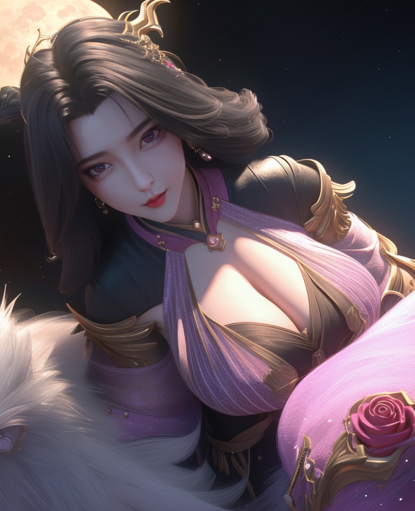 <lora:549-DA-百炼成神-司妙玲:0.8>(,1girl, ,best quality, ),looking at viewer,masterpiece, (( , )),, realistic,science fiction,mole, ultra realistic 8k cg, full moon,  rose,(cleavage), (),
