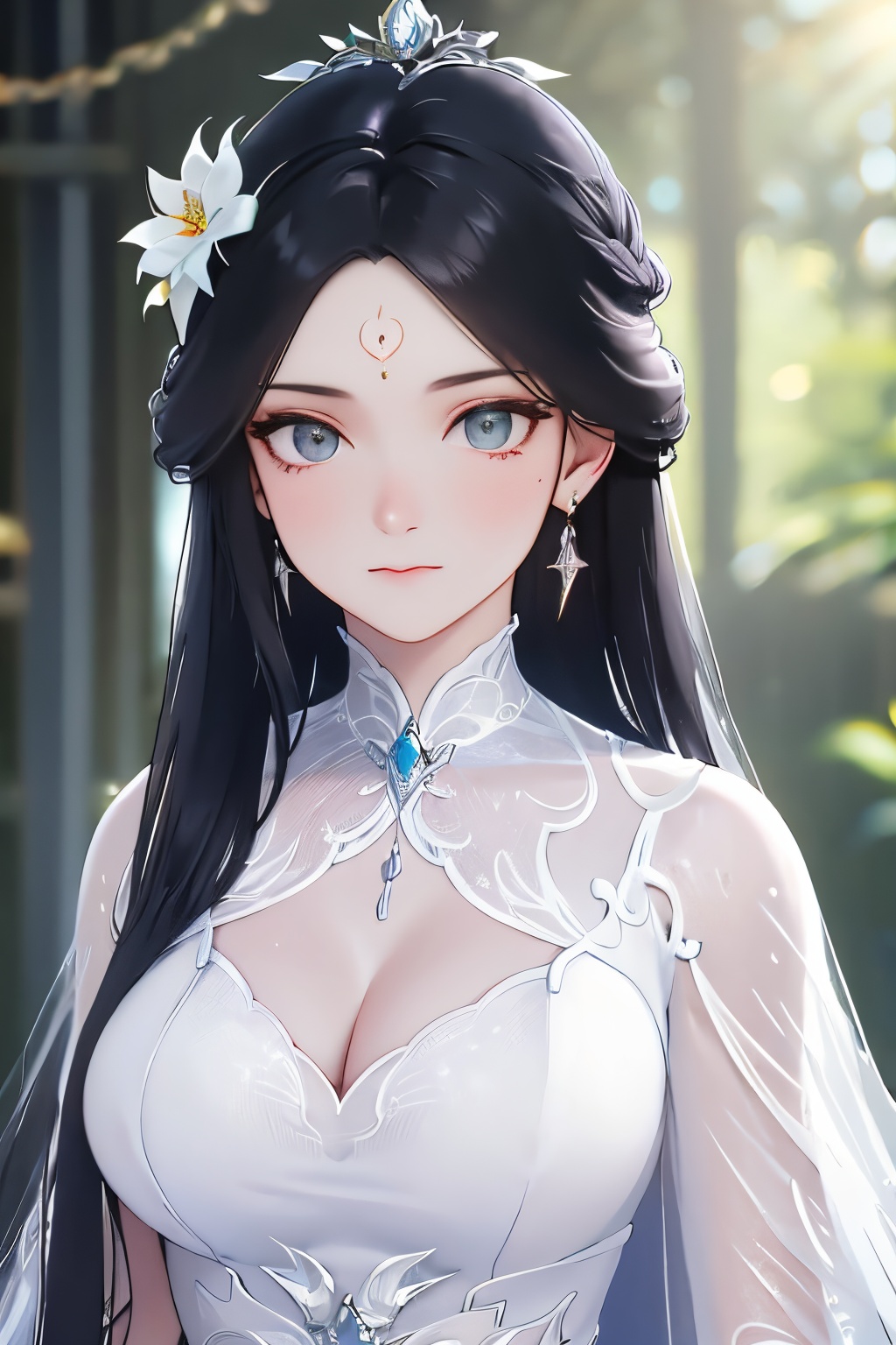 8K,highres,absurdres,masterpiece,best quality,original,extremely detailed CG,extremely detailed wallpaper,perfect lighting,1girl,black hair,catfish bangs,very long hair,hair down to chest,looking at viewer,hair ornament,dress,white dress,jewelry,closed mouth,upper body,earrings,blurry,blurry background,forehead mark,sunlight,<lora:lbc_luxueqi_240331_v1.1-000009:0.8>,