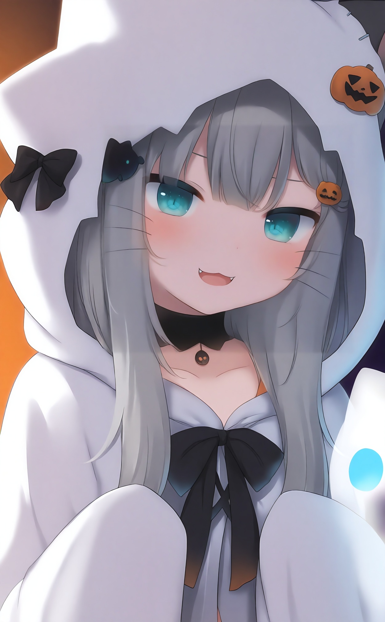 masterpiece,absurdres,best quality,loli,petite,high quality,//,1girl,grey_hair,halloween,ghost_costume,long_hair,virtual_youtuber,solo,halloween_costume,blue_eyes,choker,hood,looking_at_viewer,animal_ears,black_choker,animal_hood,hair_ornament,smile,fangs,cat_ears,bow,robe,open_mouth,upper_body,sleeves_past_fingers,jack-o'-lantern,food-themed_hair_ornament,hood_up,blush,cat,sleeves_past_wrists,cat_hair_ornament,hair_bow,long_sleeves,pumpkin,whiskers,cloak,aqua_eyes,//,<lora:gancheng1214——【noob】hans:1>,