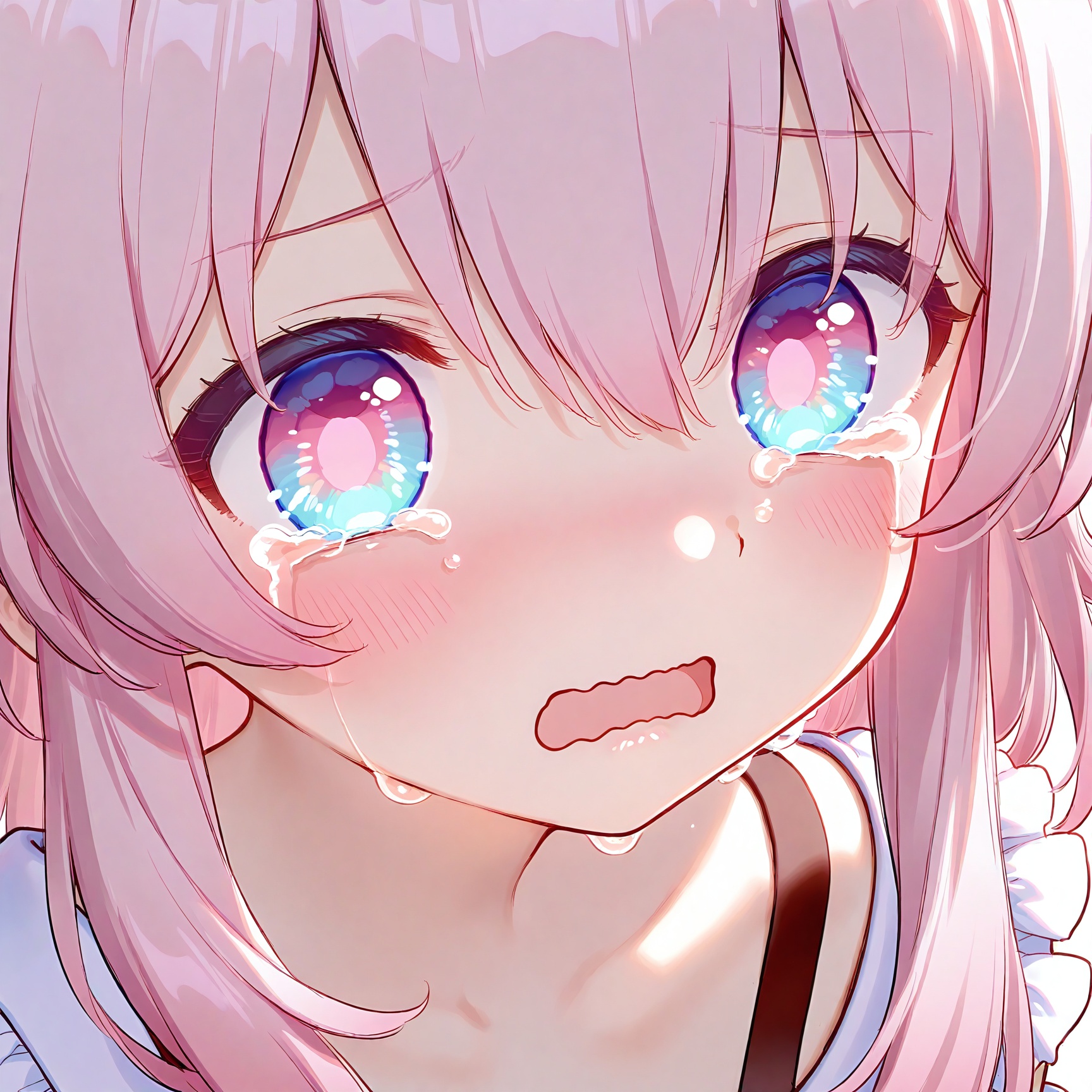 masterpiece,very aware,highres,absurdres,newest,best quality,high quality,loli,petite,chromatic_aberration,//,(loli)1girl,solo,pink hair,tears,crying,crying with eyes open,open mouth,blue eyes,collarbone,portrait,blush,looking at viewer,long hair,multicolored eyes,wavy mouth,two-tone eyes,shirt,hair between eyes,frills,pink eyes,bra strap,march 7th \(honkai: star rail\),close-up,year_2023,year_2024,<lora:loli Style——【noob】hans:1>,