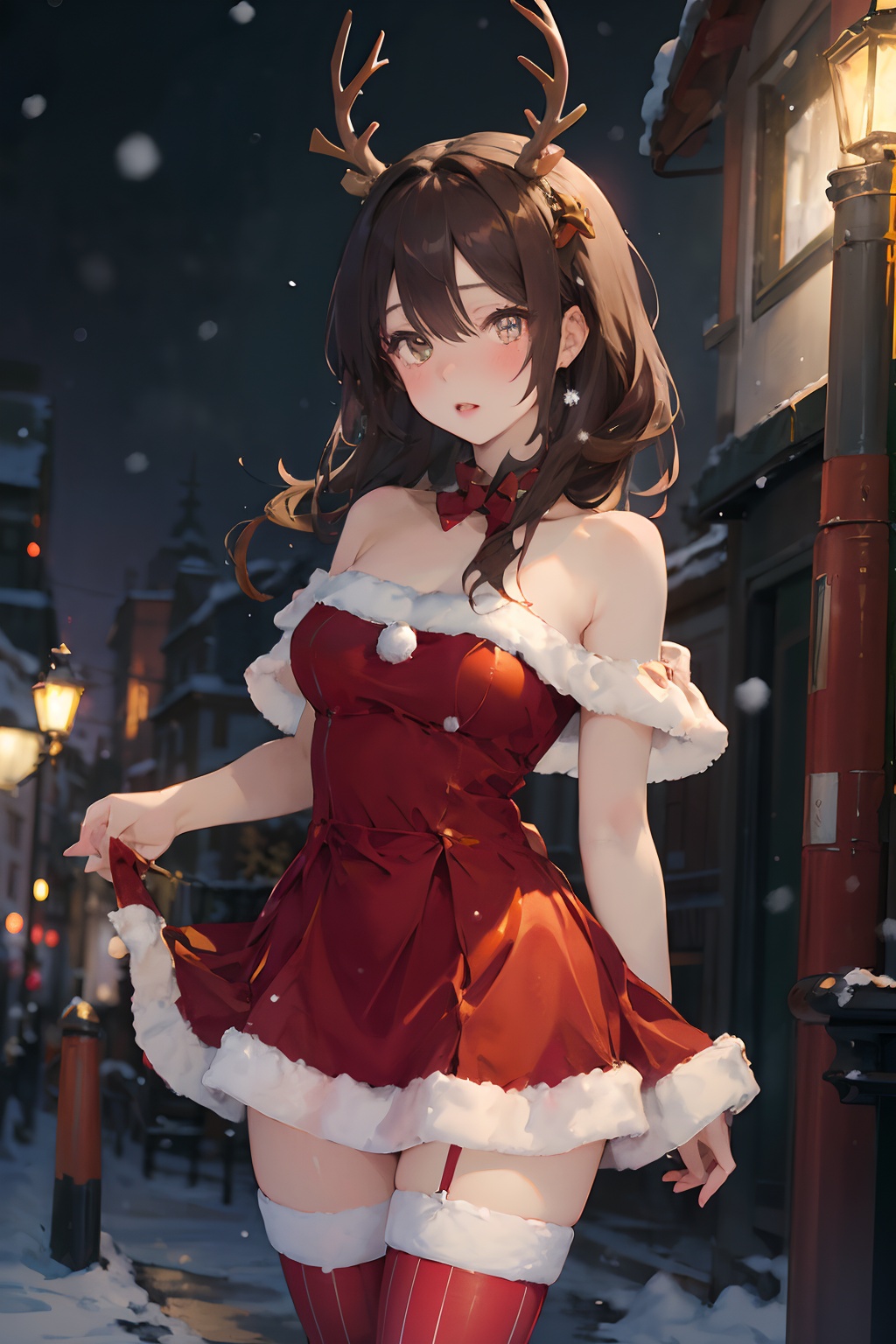 christmas dres,s1girl,christmas,bare shoulders,antlers,(cowboy shot close-up),standing,exquisite eyes,night,cityscape,snowing,striped stockings,elegant posture,(an extremely delicate and beautiful),(best quality),((masterpiece)),intricate detail,(masterpiece, high quality, best quality),<lora:christmas dress-000006:0.8>,