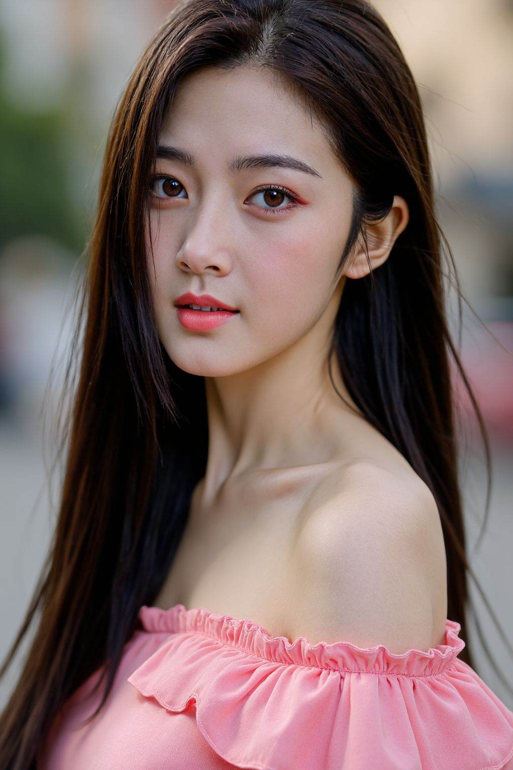 film grain, 1girl, solo, realistic, black hair, looking at viewer, dress, long hair, smile, pink dress, brown eyes, photorealistic, upper body, outdoors,