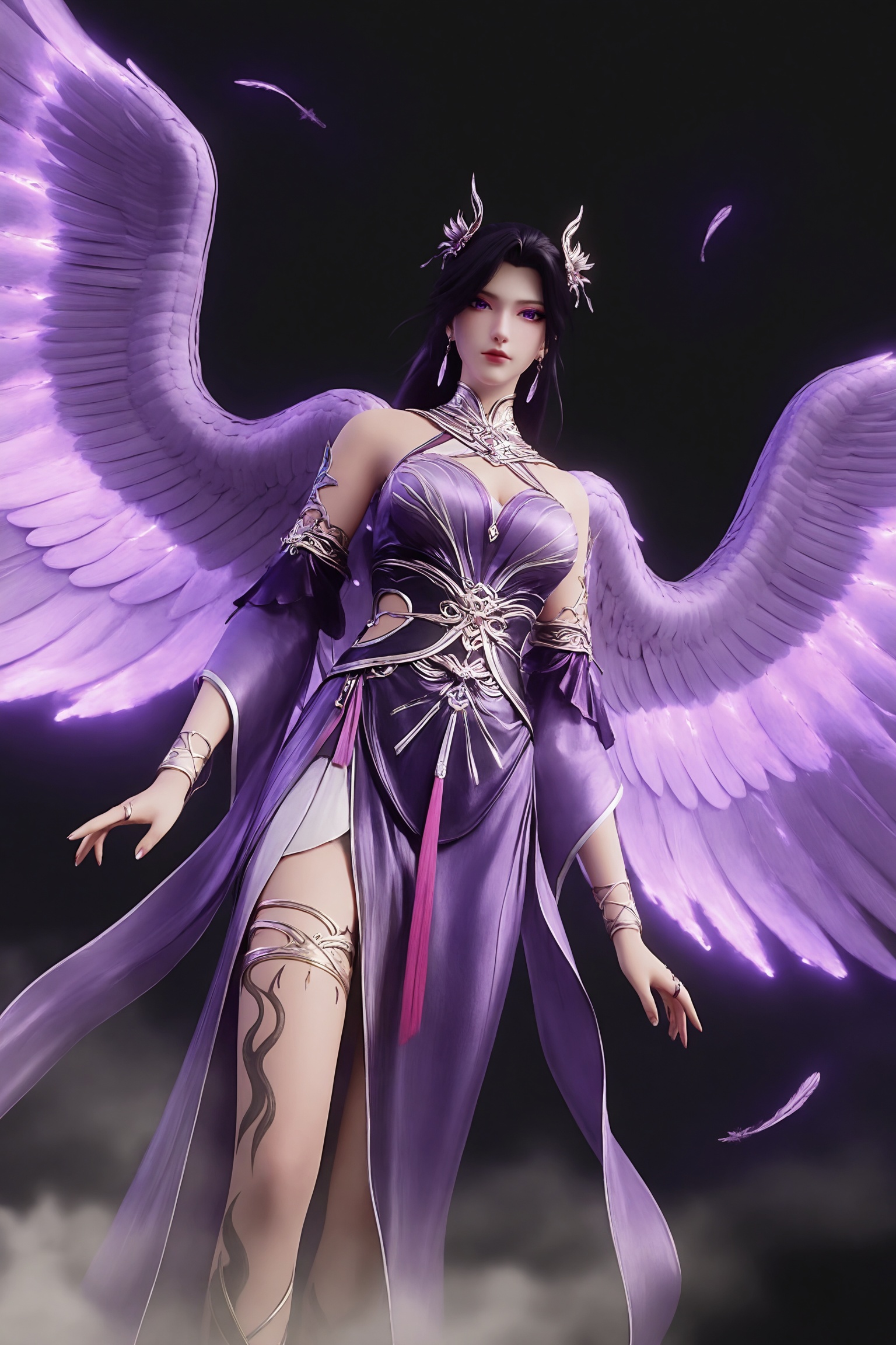 black background,standing,looking at viewer,wings,purple wings,angel wings,large wings,phoenix,smoke,fog,flying,falling feathers,1girl,yqc\(csj\),long hair,hair ornament,black hair,purple eyes,earrings,bare shoulders,clothing cutout,sash,bracelet,jewelry,purple dress,leg tattoo,thighlet,breasts,detached sleeves,purple footwear,