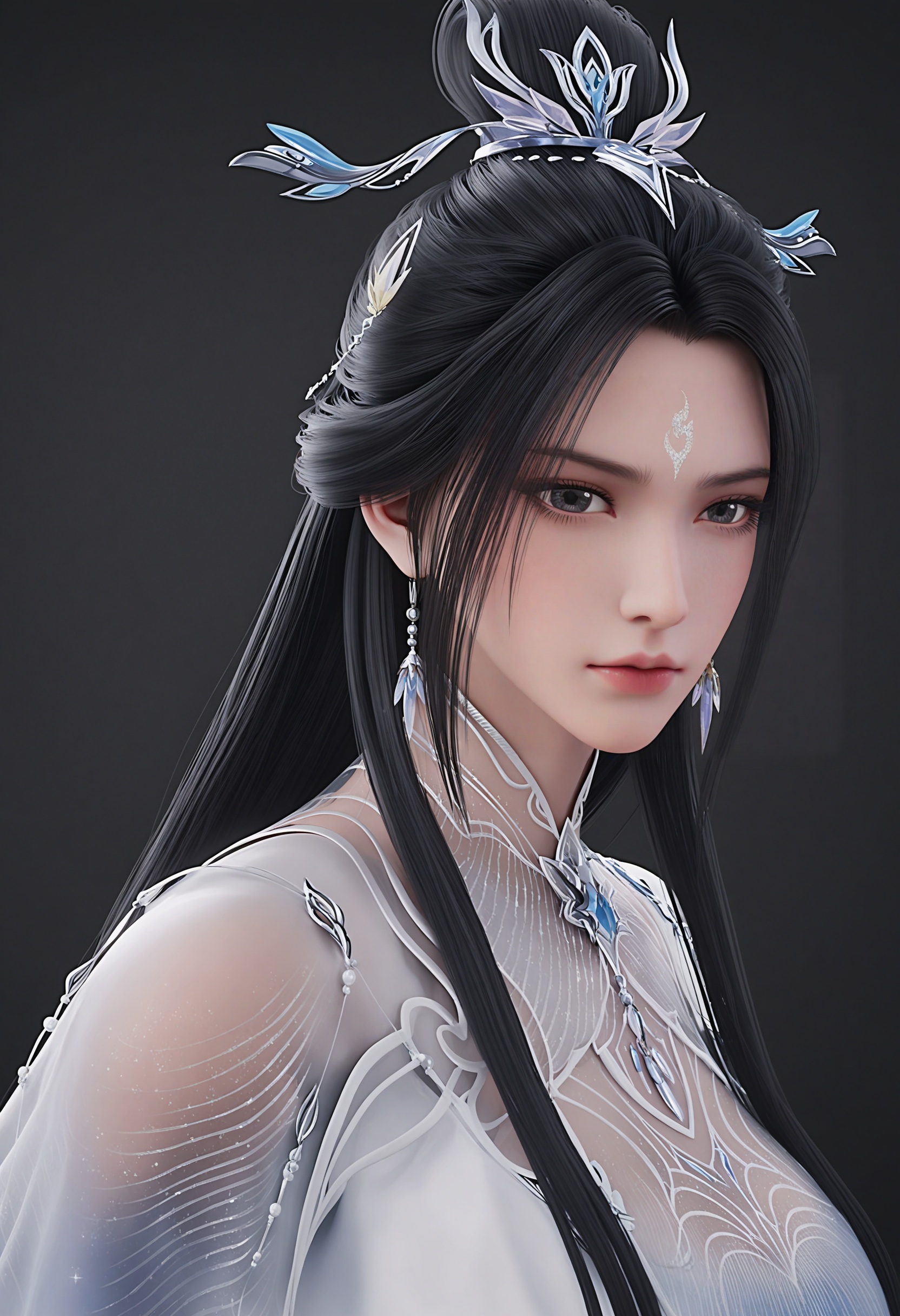 (looking at viewer:1.1),upper_body,(gigantic breasts:0.8),(simple background,pure black background,black background:1.1),<lora:YQ_li光辉v5_luxueqi_V2:0.8>,q1528437228,1girl,solo,earrings,black_hair,long_hair,hair_ornament,hair_bun,forehead_mark,single_hair_bun,facial_mark,dress,white_dress,chinese_clothes,long_sleeves,jewelry,