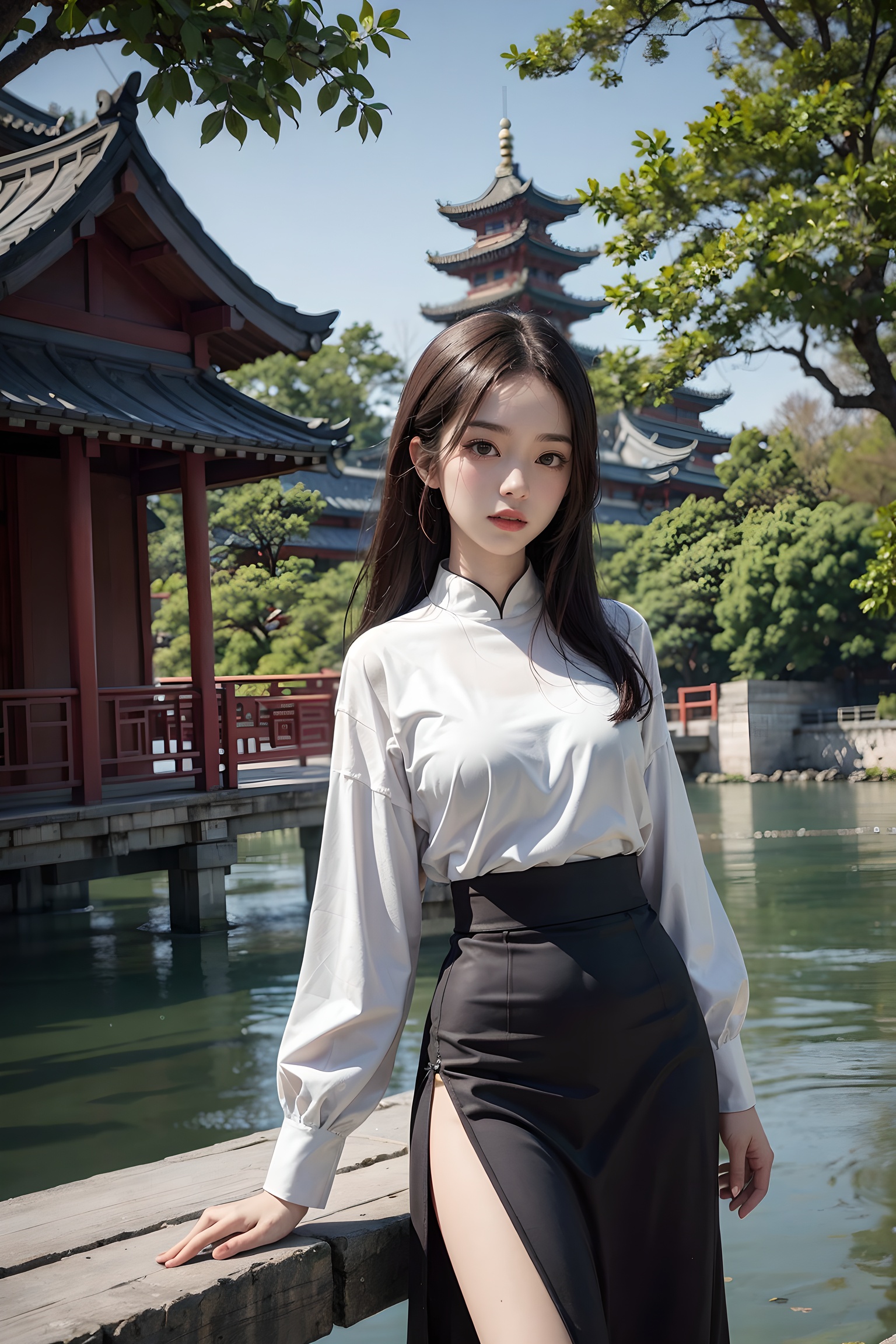 Character as the main body,HighestQuali,blurry background,detailed detail,one-girl,long whitr hair,Body shots,a skirt,dfsy,a painting of a chinese landscape with a pagoda and trees in the background and a lake in the foreground,tree,bare_tree,traditional pavilion,ink and wash,chinese architecture,architecture,outdoors,building,bridge,