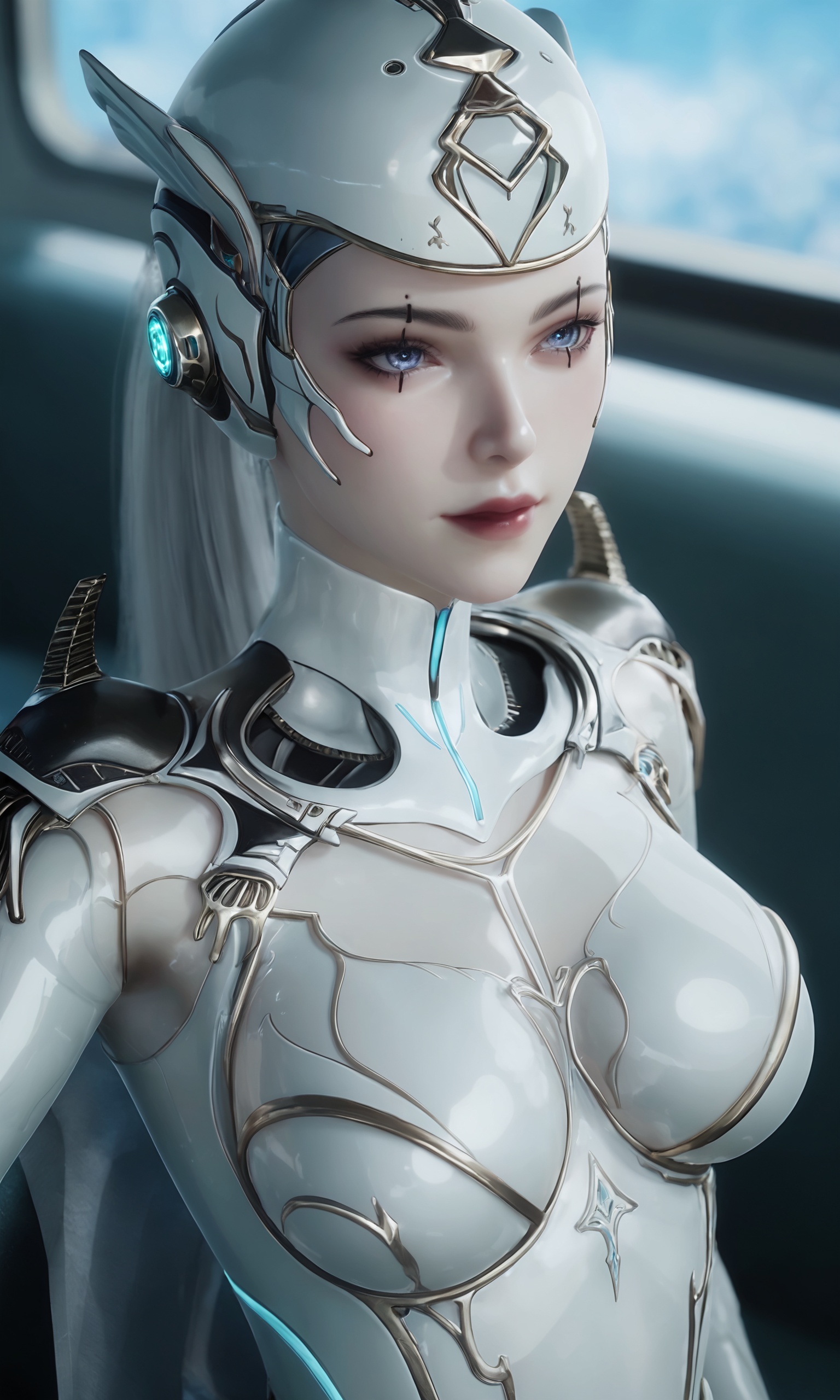 solo,1girl,<lora:吞噬星空-银雪候-新底模:0.7>,a futuristic helmet that resembles a knight's visor,wearing a form-fitting,white bodysuit with a glossy finish,adorned with intricate,glowing blue lines,BREAK fair_skin,white_skin,shiny_skin,Ivory_skin,solo focus,(perfect_face:1.2),(perfect_anatomy:1.1),(upper_body:1.2),(portrait:1.1),large breasts,sitting,(train_interior:1.1),(blurry_background:1.2),score_9,