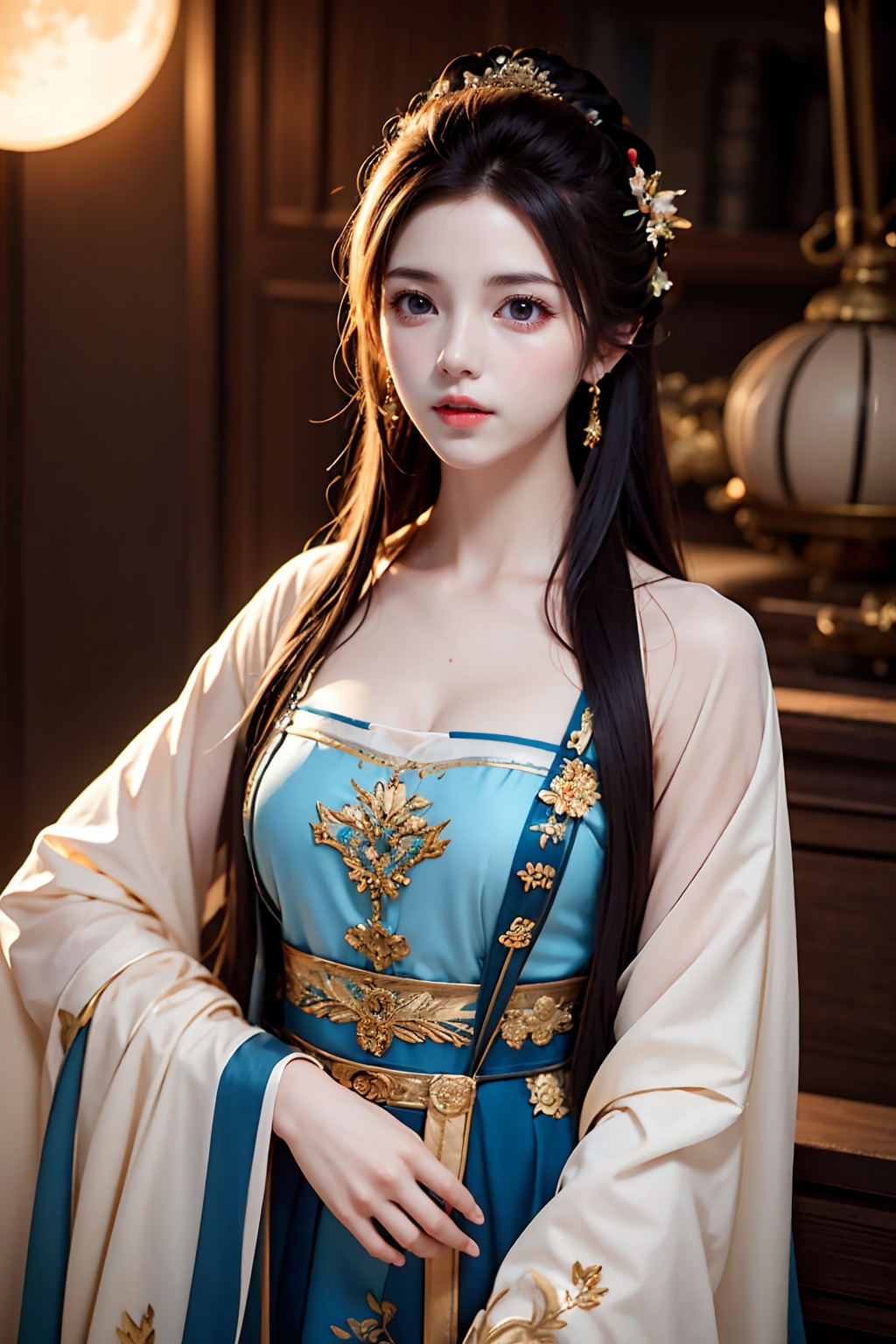 1girl,long hair,guofengZ,outdoors,moon,<lora:guofengZ-000008 (2):0.8>,, (high quality), best quality, (4k), 8k, super detailed, (full detail), (masterpiece), (realistic), super detailed,(Exquisite details) ,intricate,