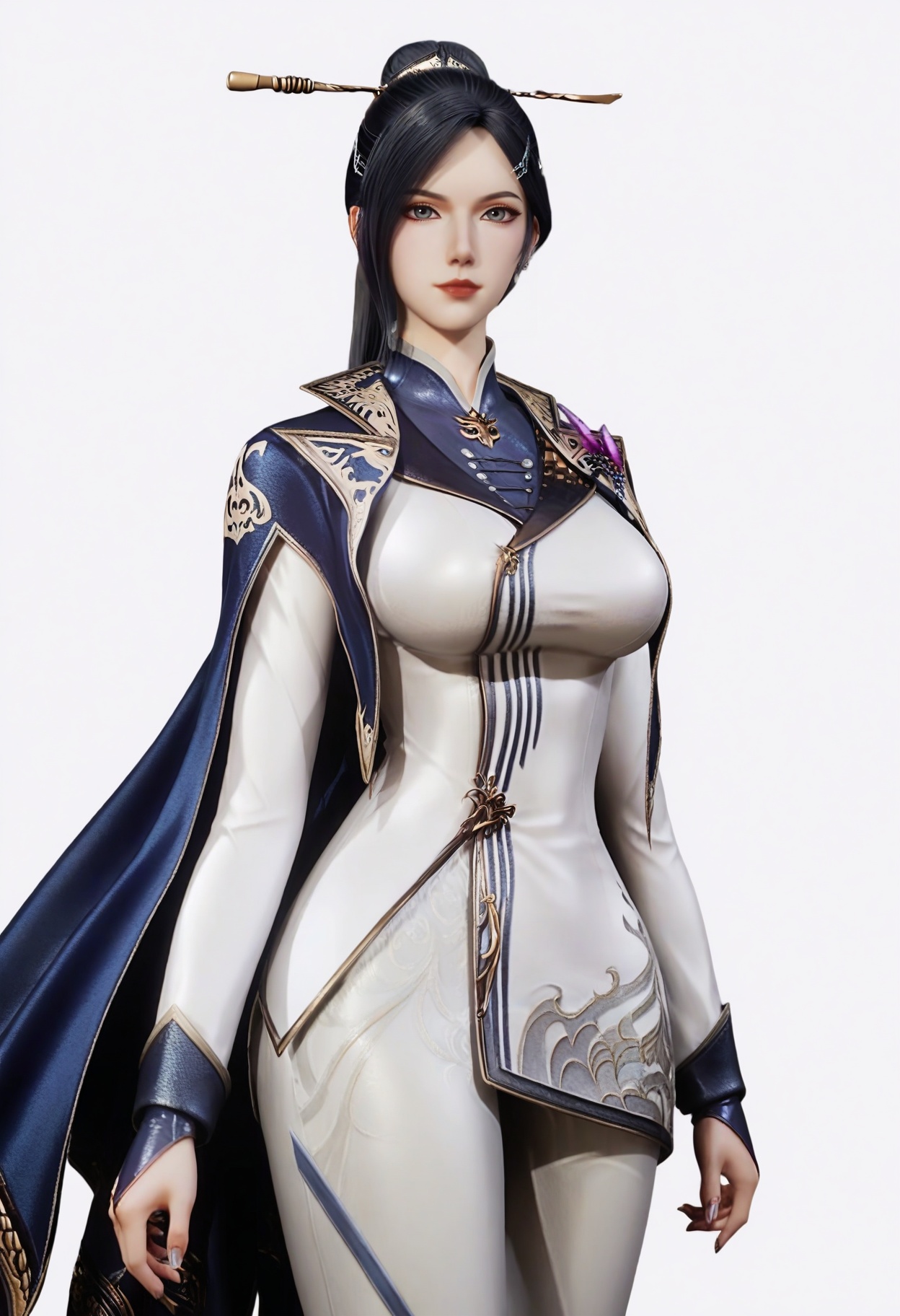 score_9,<lora:SF_ZhouYi_Pony_Realism2.3-000004:0.7>,1girl,solo,hair ornament,long hair,dress,hair bun,breasts,large breasts,dress,black hair,cape,pants,looking at viewer,white background,simple background,