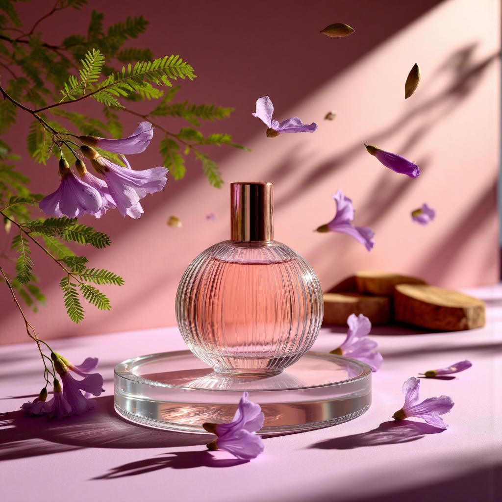 Product Shots,Minimalist luxury packshot background for a women's perfume. Soft,elegant composition in the same color palette : shades of translucent rose pink,delicate mauve and soft gold lighting. Centered on a round,ribbed glass perfume bottle with a metallic rose cap. Set on a clear acrylic pedestal. Surrounding the bottle,branches of jacarandá with feathery green fern-**** leaves and clusters of trumpet-shaped lilac-purple flowers,**** in the Brazilian jacarandá tree. A few flowers are delicately falling mid-air and some are scattered softly on the floor. In the background,subtle pieces of natural wood create warm,earthy contrast. Dreamy golden-hour sunlight streams in from the side,casting soft shadows of flowers and leaves on a matte pink wall. Shot with a Canon EOS R5 + RF 85mm f/1.2L lens,high-resolution,cinematic lighting,extremely realistic and elegant,shallow depth of field,soft bokeh,ultra-detailed. ars 9.16 s 1000,