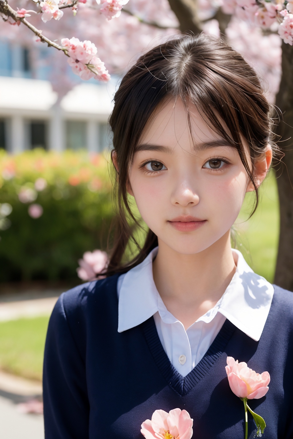 1girl,solo,upper body, looking at viewer,school uniform,peach blossoms, falling petals,