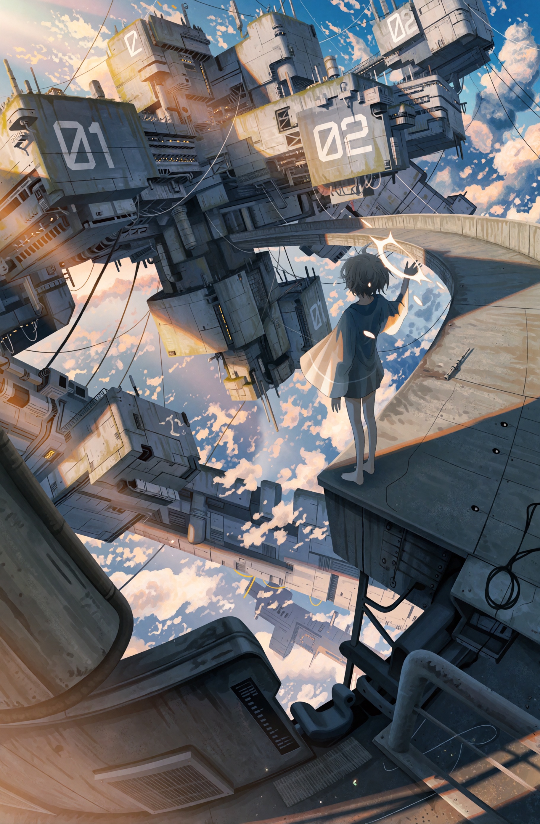 In this breathtaking anime-style illustration,  a lone girl with short hair and an ethereal halo stands precariously on th...